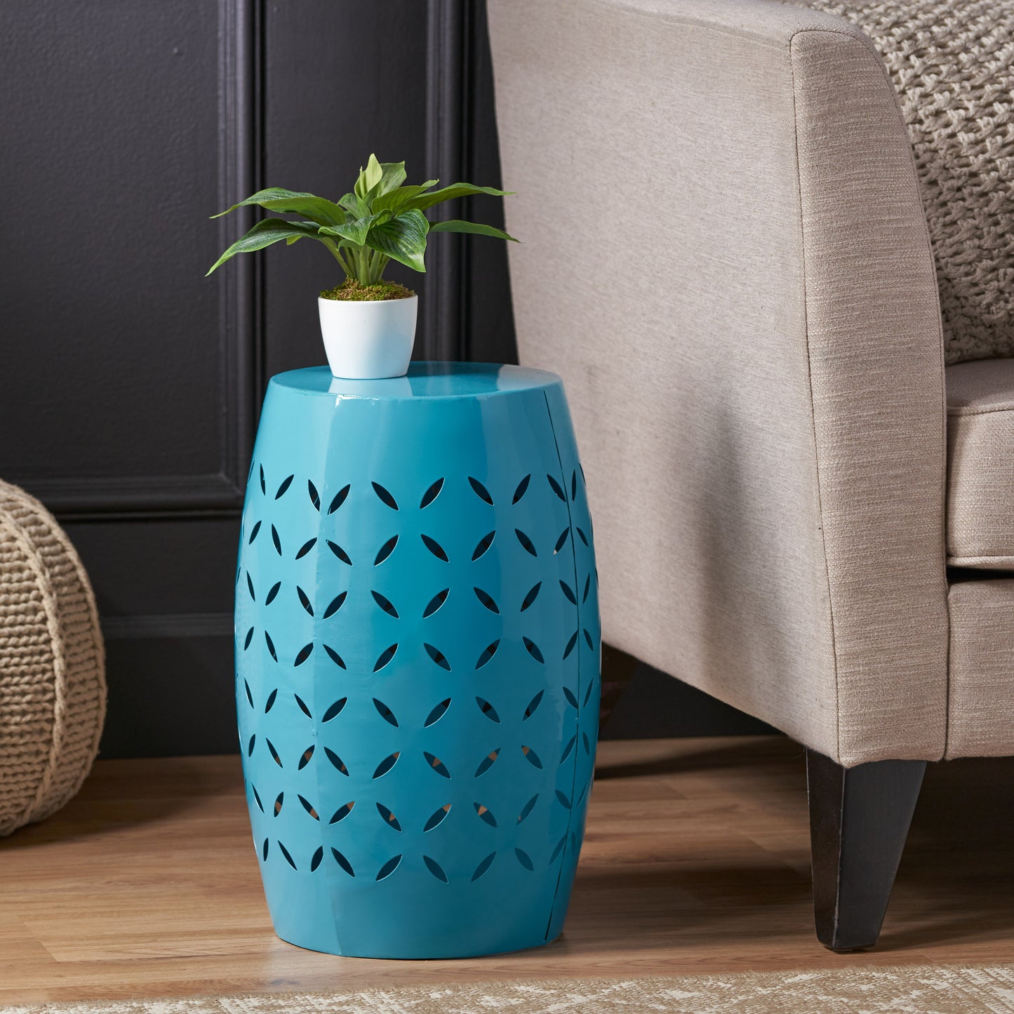LILAC 12" Accent Side Table, Cylindrical Design End Table for Living Room, Family Room, or Entryway, Industrial Style,Coffee Side Tables for Indoor Outdoor, Blue Color