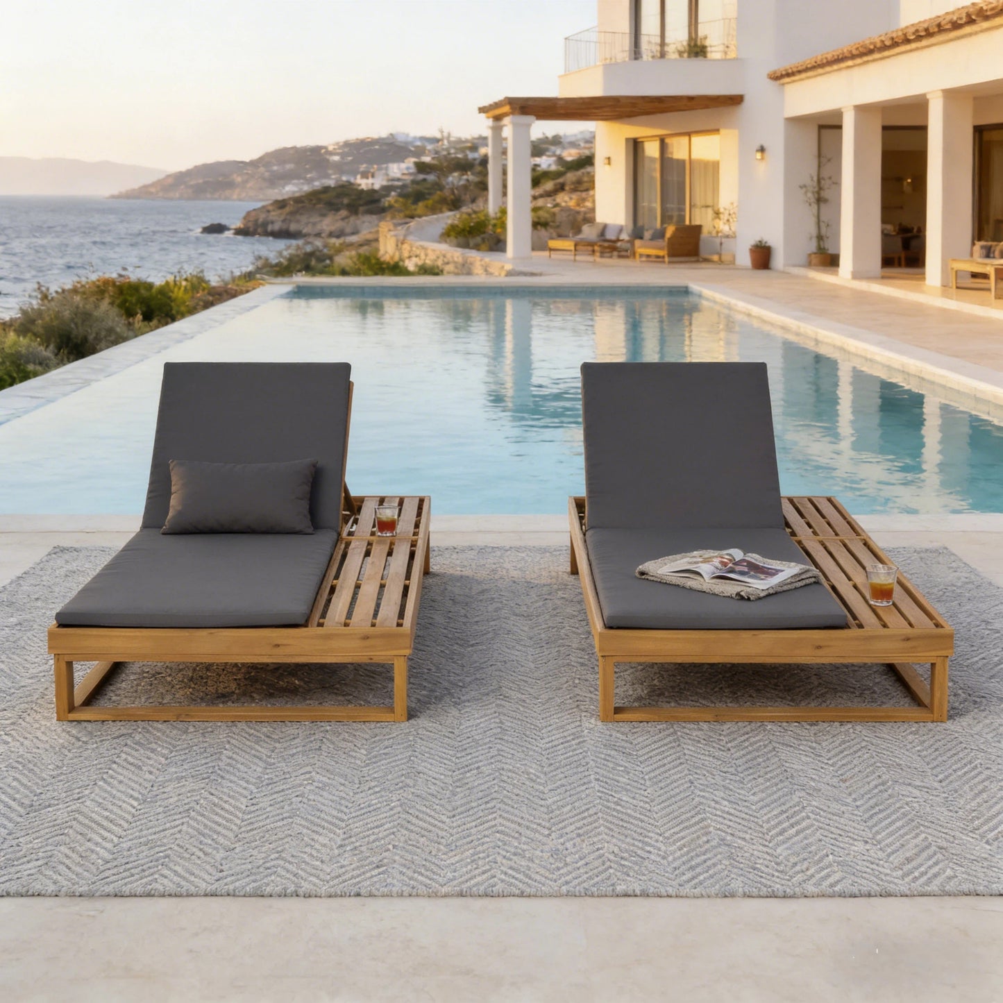 Teak Finish Acacia Wood Chaise Lounge with 1.57-Inch Dark Gray 2-Fold Cushion Set, 4-Position Adjustable with Flat Side Surface, for Poolside - Matching cream,leaf coconut version available