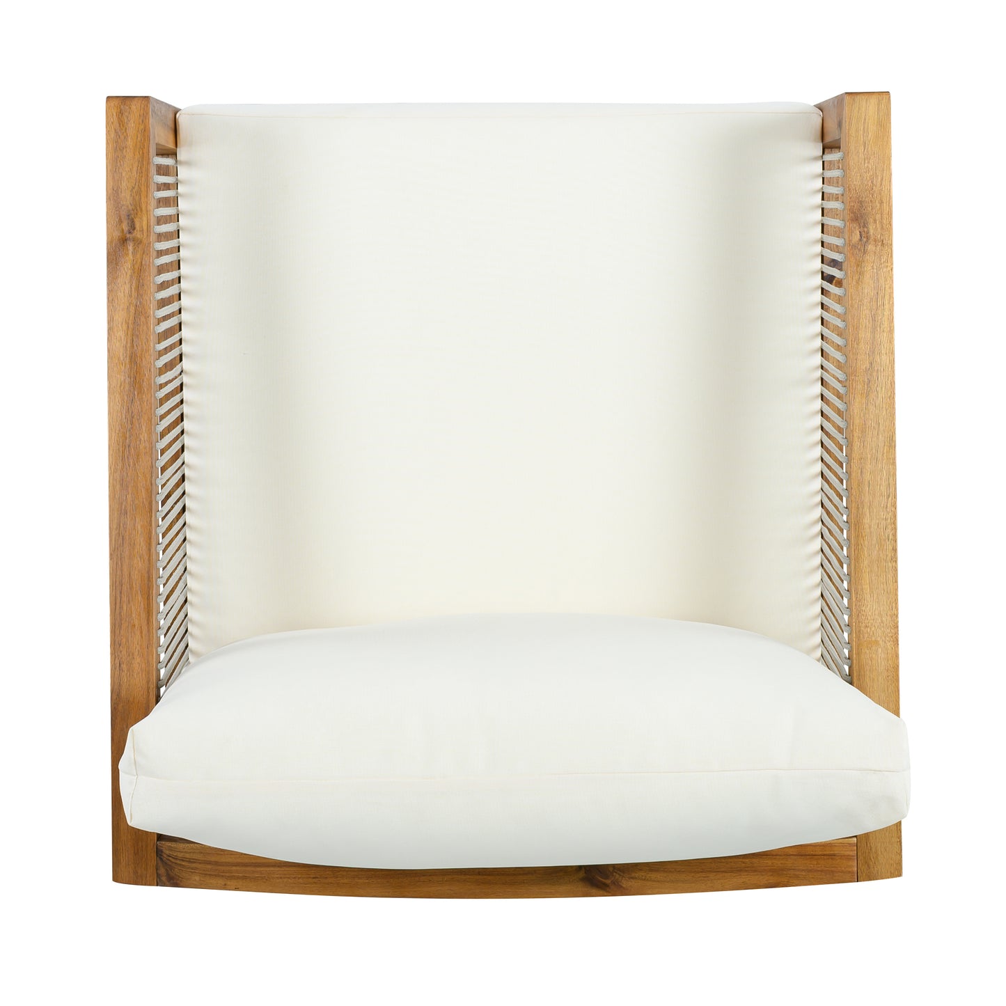 Outdoor Club Chair (Set of 1), Acacia Wood Frame with Rope Back, Water-Repellent Beige Cushions for Patio/Backyard/Deck, Teak Finish