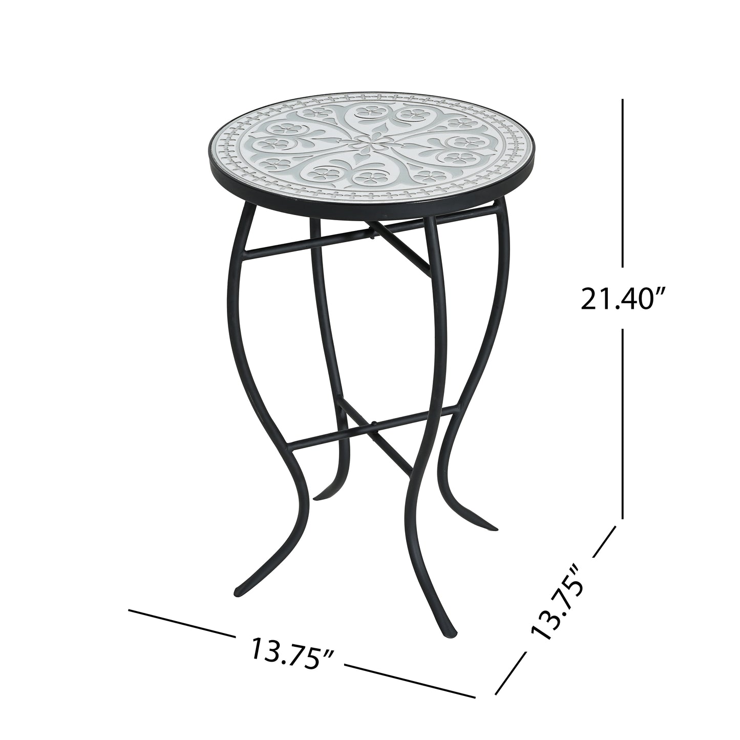 Outdoor Round Side Table with Mosaic-Style Top and Curved Iron Legs, Grey and Matte Black