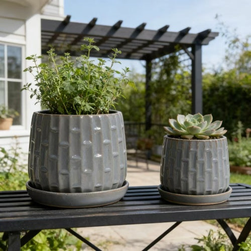Set of 2) Antique Grey Ceramic Flowerpot, 7 in. Modern Planter for Patio, Garden, Windowsill