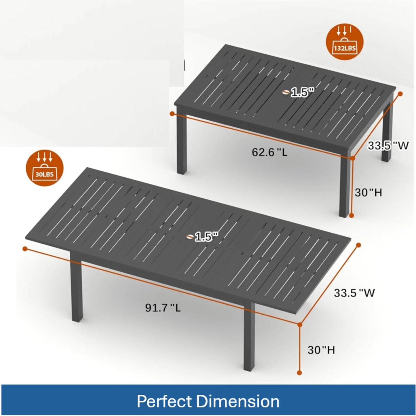 63"-92" Extendable Aluminum Outdoor Dining Table, All-Weather Gray Patio Table