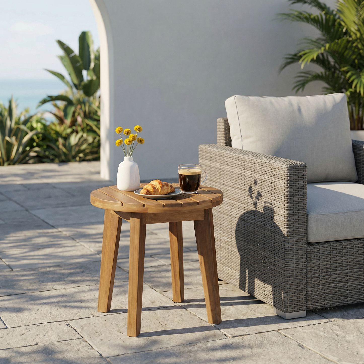 Outdoor 16" Acacia Wood Side Table, Teak Finish
