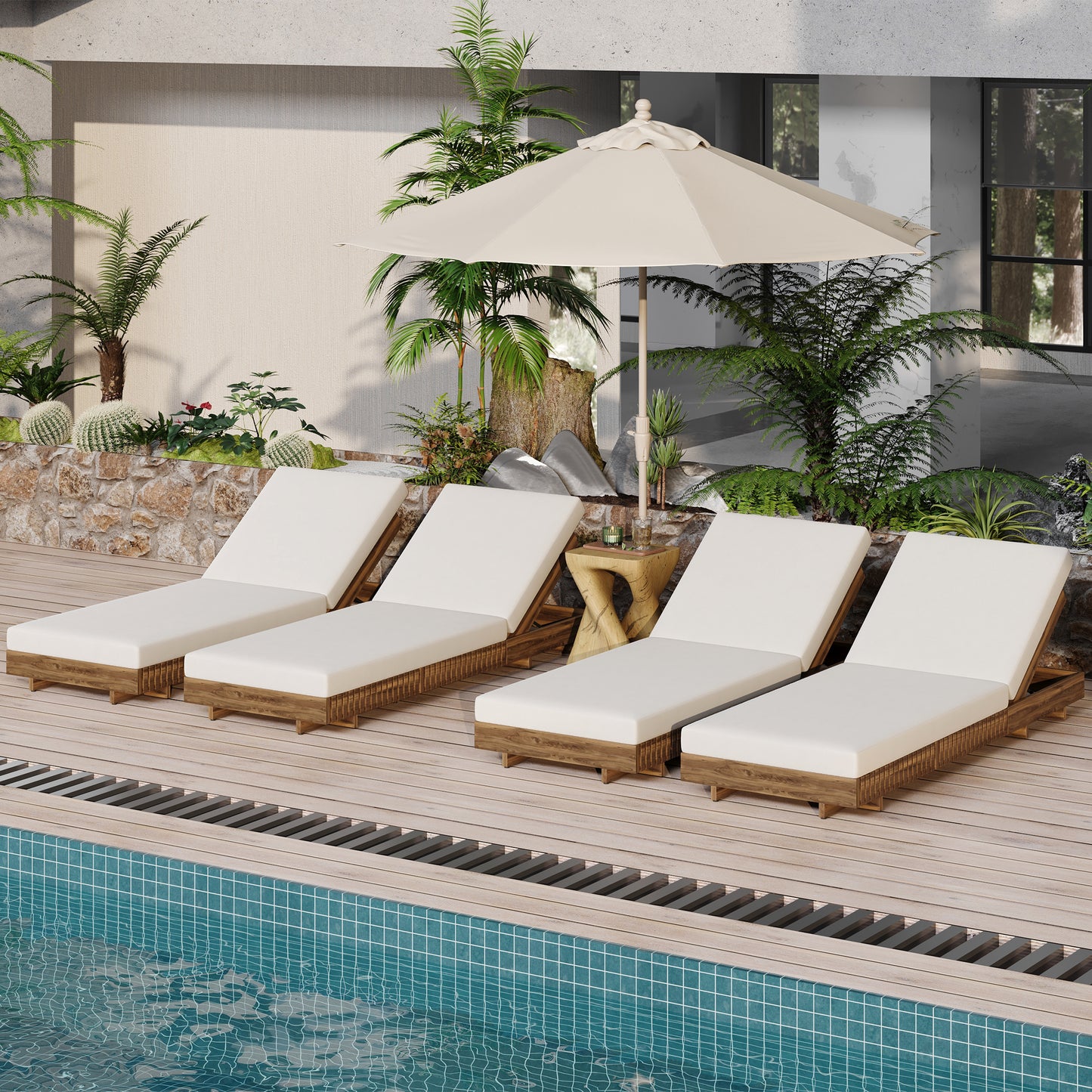 LOUNGE CHAISE SET, ACACIA SOLID WOOD WITH  LOUNGE CUSHION (Cream) - Matching Dark Grey Version Available