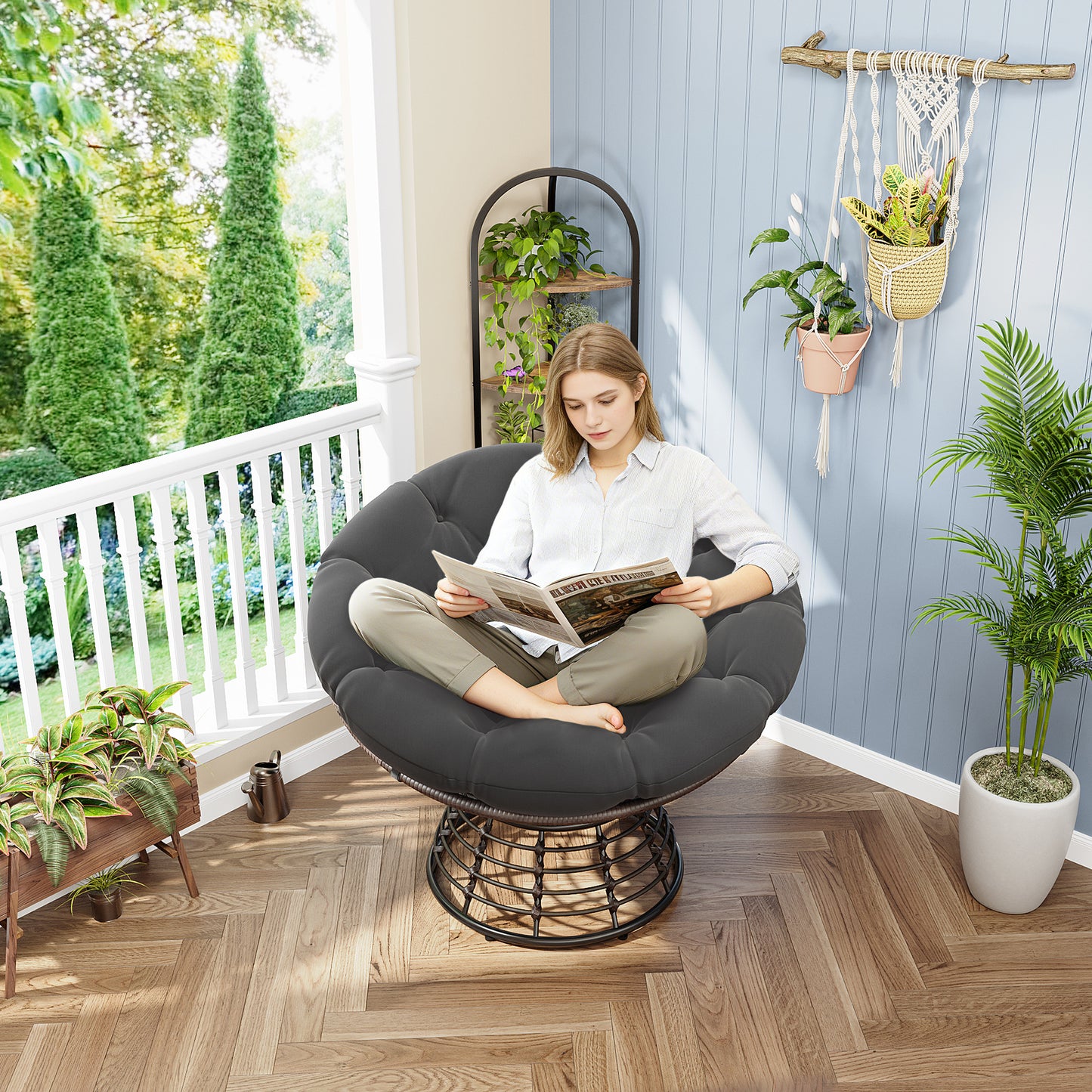 Comfortable Ergonomic Wicker Papasan Chair, 360° Swivel Indoor Outdoor Rattan Chair with Soft Thick Cushion, Ideal for Living Room, Bedroom, Reading Room, Brown Frame with Grey Cushion