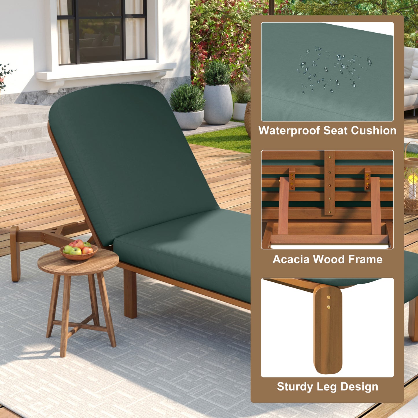 Outdoor Chaise Lounge Adjustable Patio Chaise Outdoor Reclining Chair Pool Lounge Chair with Adjustable Backrest for Patio, Poolside or Beach, Green