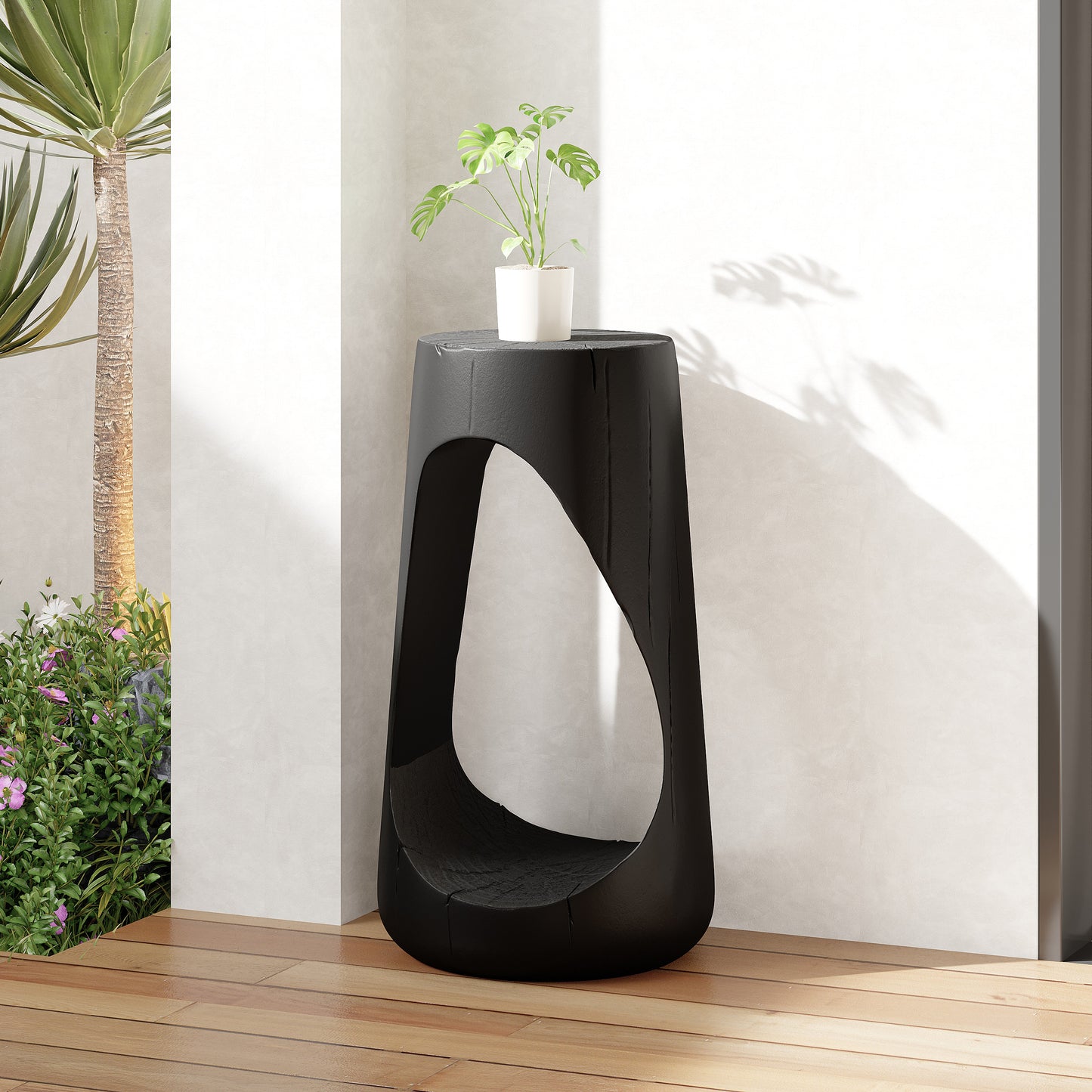 Outdoor Side Table,Hollow Design End Table,Patio Garden Stool Table,Decorative Accent Table for Patio Balcony Beach Pool Side,Lightweight Concrete,Wood Like Texture,Black Color