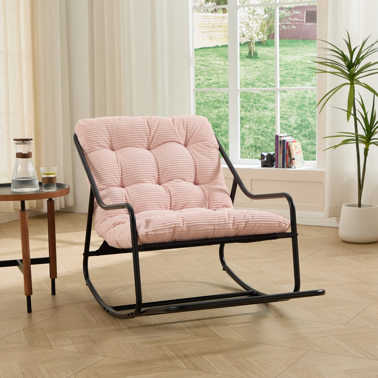 Outdoor Rocking Chair, Comfy Cushion, with Soft Thick Cushion,for Living Room, Bedroom, Reading Room, Black Frame with Pink Cushion