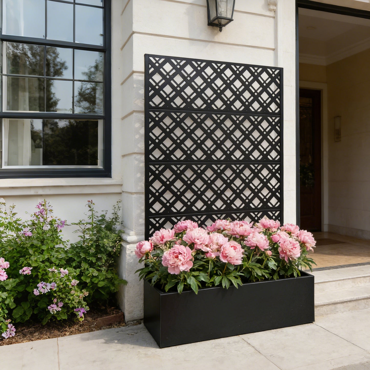 Metal Planter Raised Garden Bed with Trellis 70.9in H x 43.3in W x 15.8in D - Garden Box for Climbing Plants Flowers Vegetable with Drainage Holes, Rhombus Black