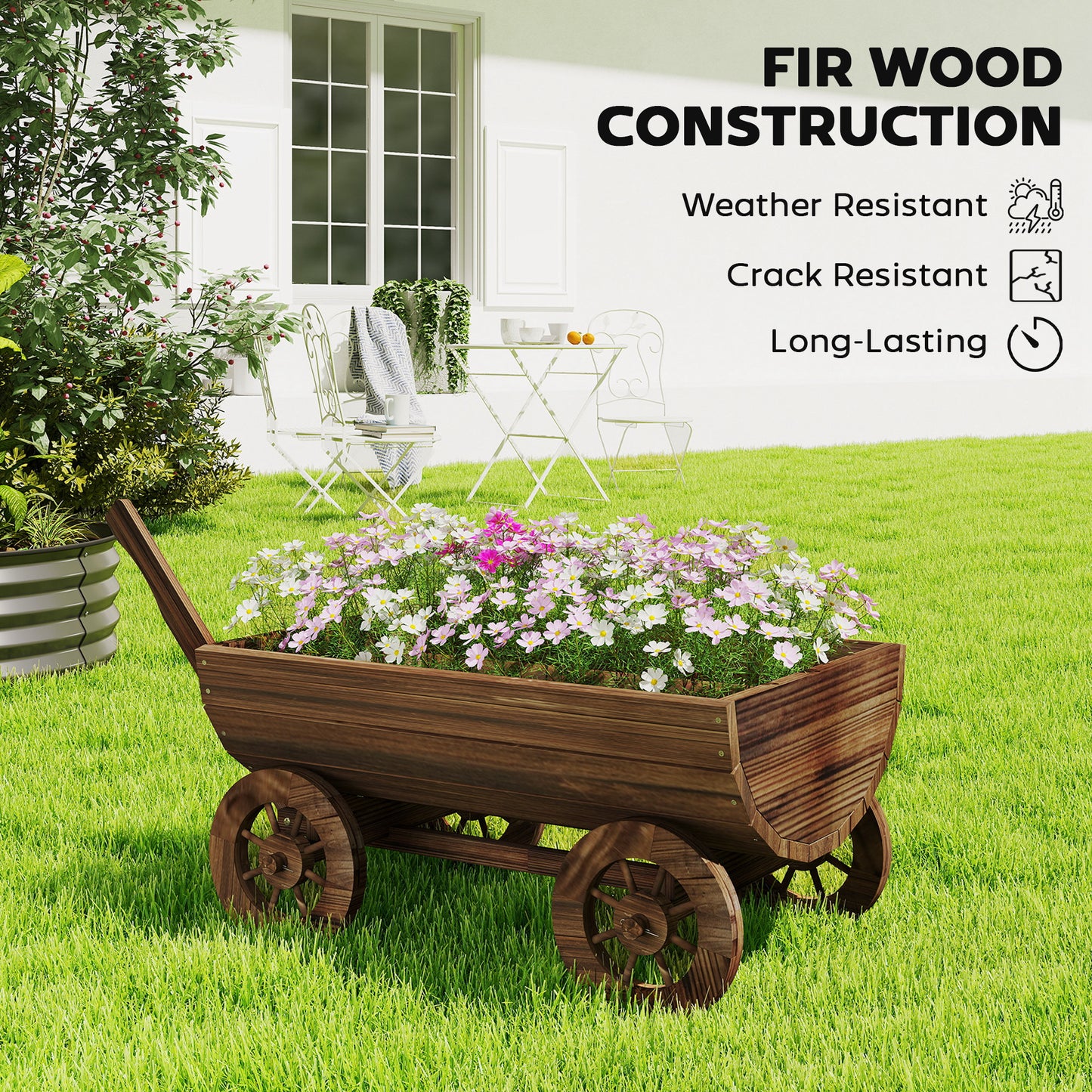 Outsunny Wooden Wagon Planter Box, Mobile Garden Planter with 4 Wheels, Small Wheelbarrow Wagon Flower Cart with Drainage Hole