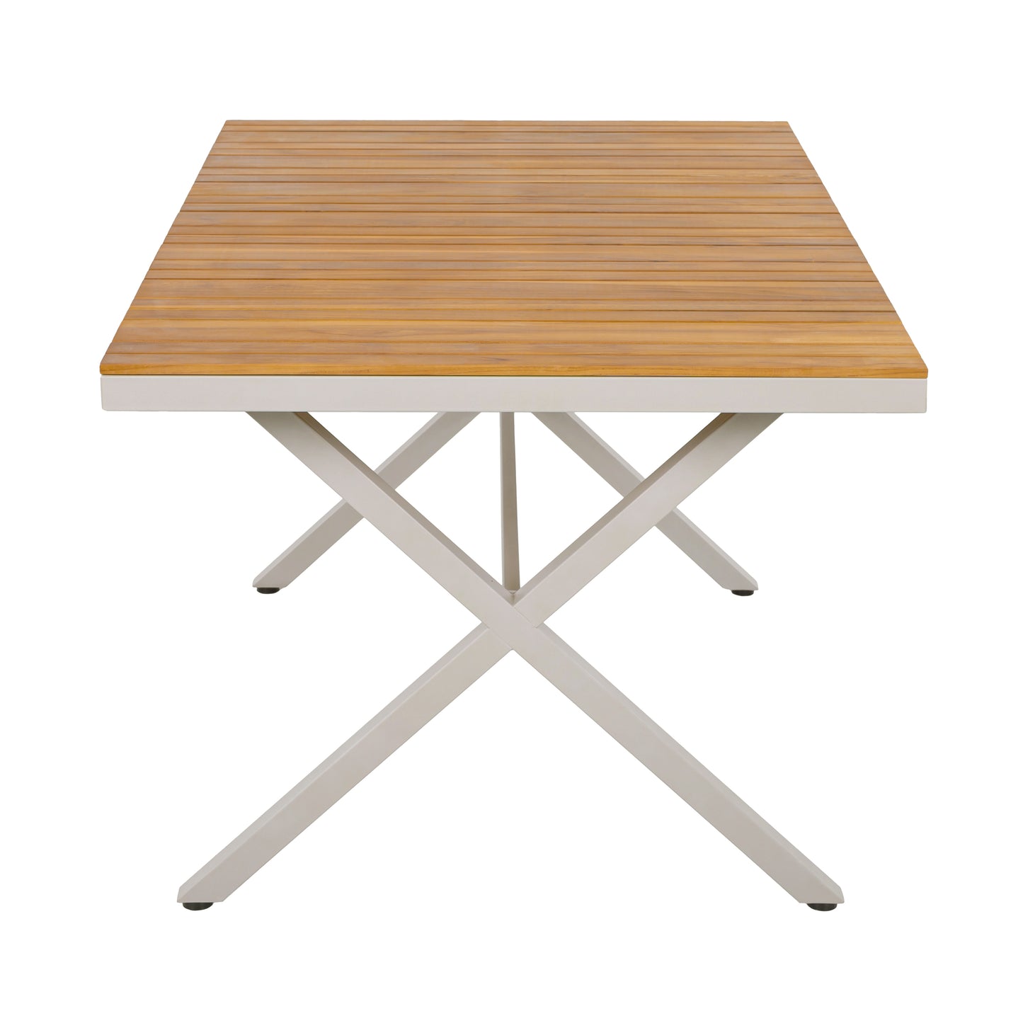 Teak Wood Top with Beige Steel Frame Outdoor Dining Table, 55.12" Rectangular Patio Table with X-Shaped Legs, Weather-Resistant for Backyard, Garden, Deck and Poolside