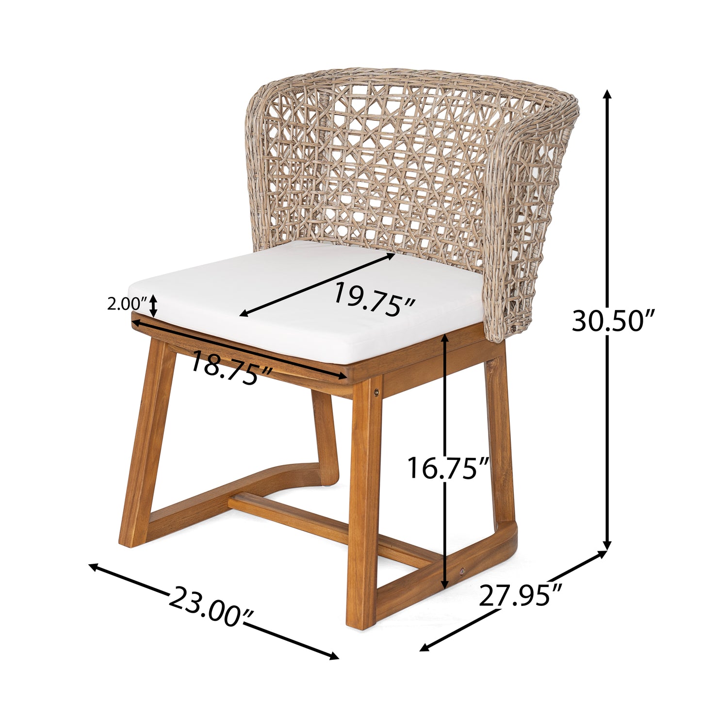 Outdoor Acacia Wood Dining Chairs (Set of 2), Teak Finish Patio Chairs with Beige Cushion & Multi Light Brown Wicker Back, Weather Resistant Side Chairs for Garden, Backyard, Patio