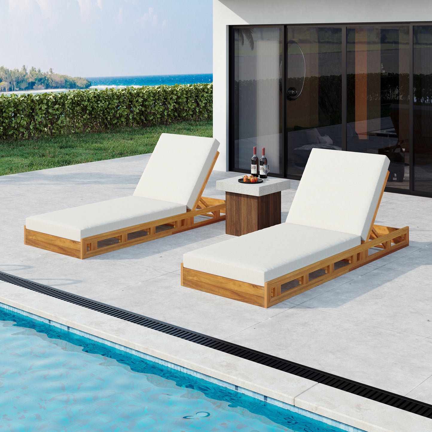 LOUNGE CHAISE SET, ACACIA WOOD WITH WATER-RESISTANT LOUNGE CUSHIONS (CREAM & 4 INCH THICK) - MATCHING DARK GREY VERSION AVAILABLE