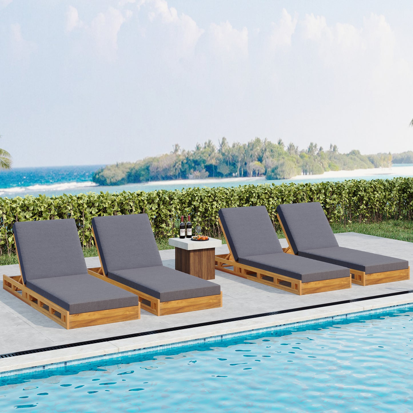 LOUNGE CHAISE SET, ACACIA WOOD WITH WATER-RESISTANT LOUNGE CUSHIONS (Dark Grey/ & 4 INCH THICK) - MATCHING CREAM VERSION AVAILABLE
