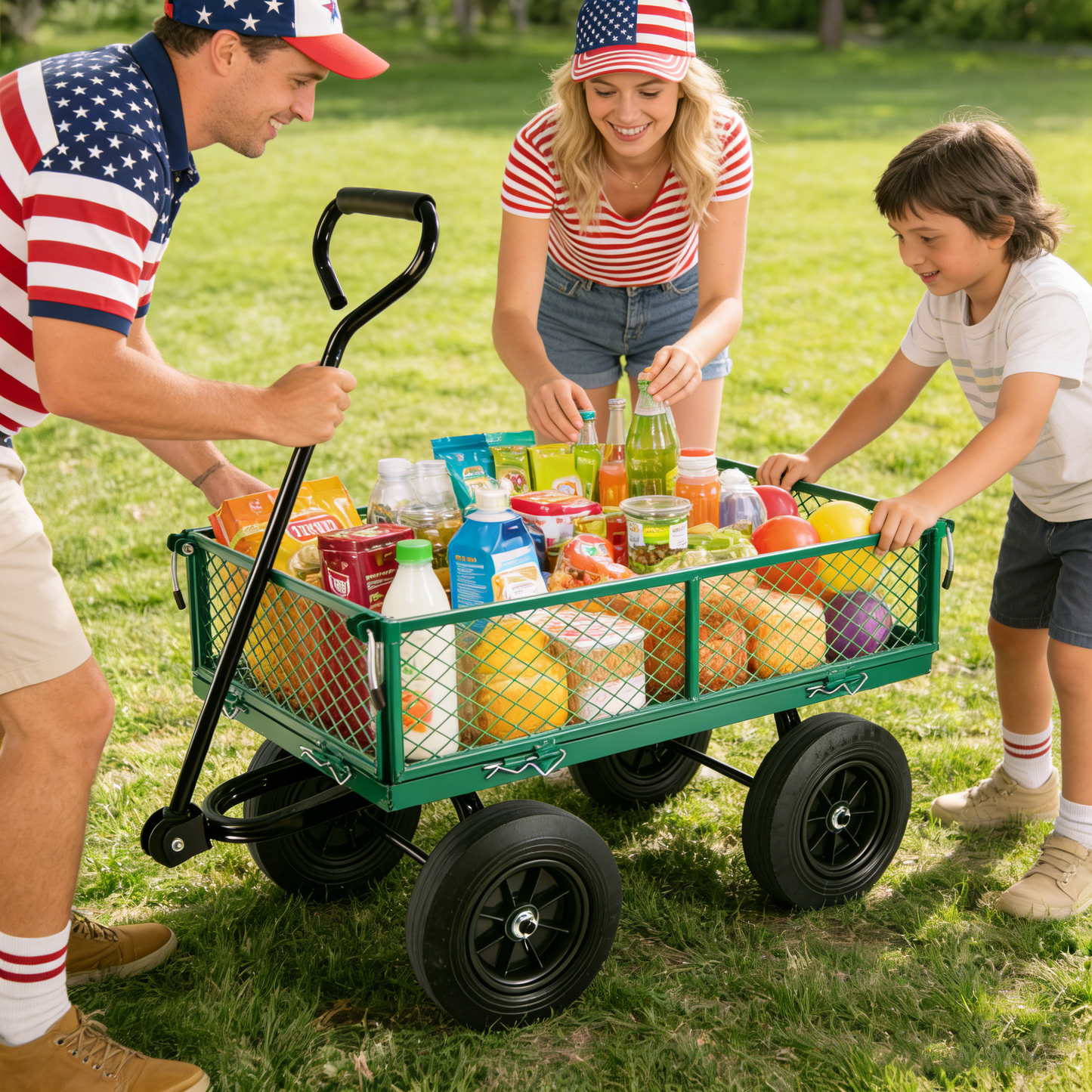 (Green solid wheels wagon cart) Solid wheels Tools cart Wagon Cart Garden cart trucks  make it easier to transport firewood