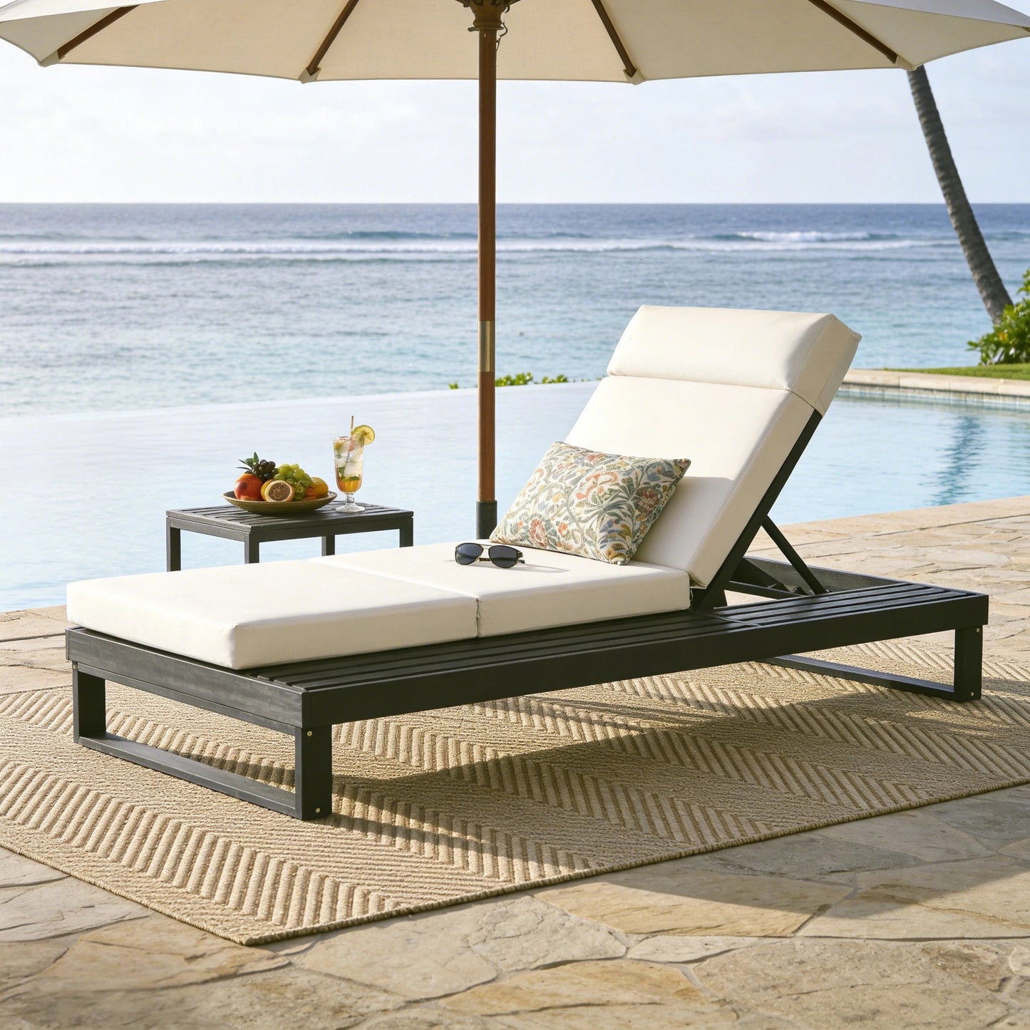 Black Acacia Wood Chaise Lounge with 4-Inch Beige 4-Fold Cushion Set, Adjustable Outdoor Patio Lounger with Flat Side Surface, for Poolside- Matching cream,dark gray version available