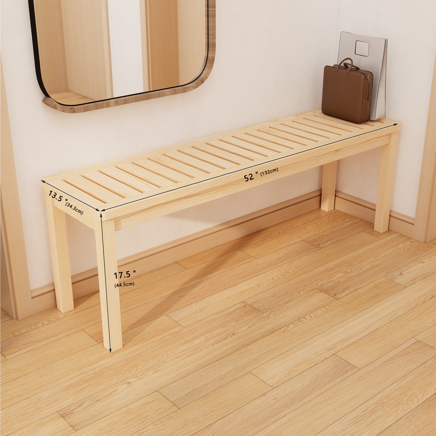52.1" Outdoor Solid Wood Knot-Free Pine Backless Dining Swimming Pool Beach Bench with Slatted Seat – Modern Bench, Perfect for Patio, Backyard, Entryway, Hallway, Living Room, Bedroom, Front Door