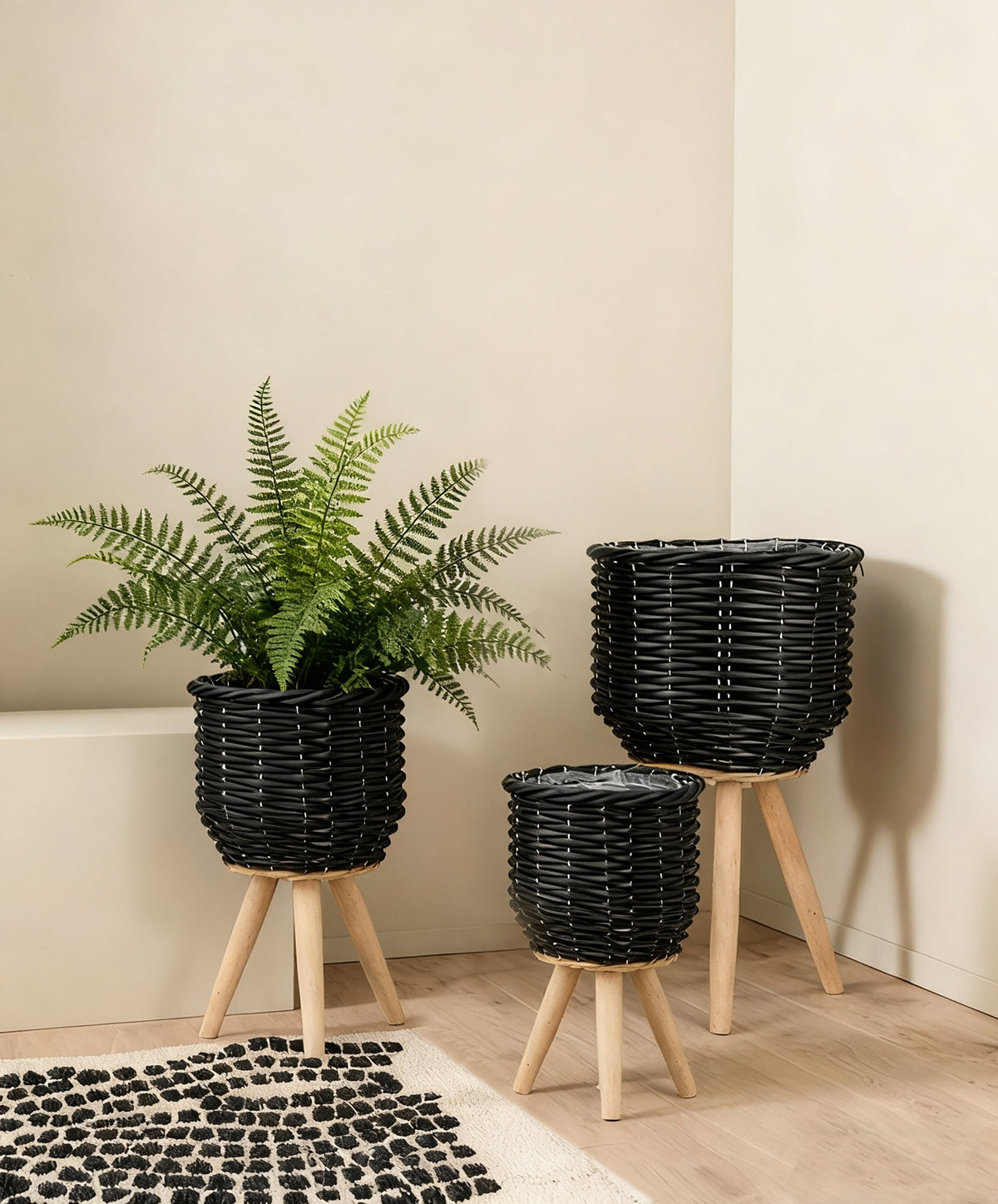 Set of 3 Black Poly Rattan Baskets with Rope Texture and Tapered Wooden Legs, L:12x12x23.5" M:10x10x17.5" S:8x8x13.5"
