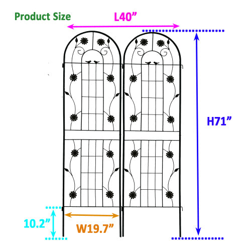 71 in. H x 19.7 in. W-2 Pack Black Metal Garden Trellis Rustproof Climbing Plant Supports for Outdoor Flowers, Vines