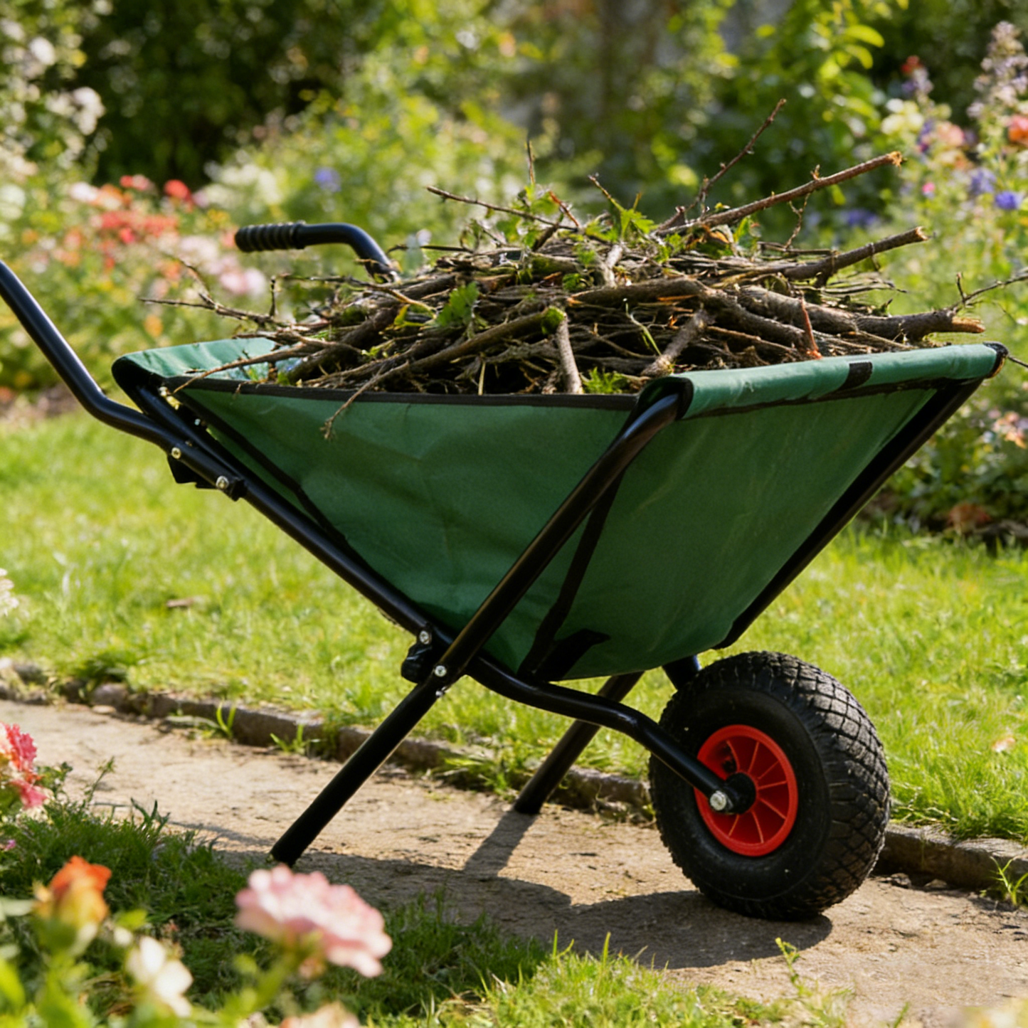 Collapsible Wheelbarrow 176 lbs Folding Yard Garden Wheelbarrow Foldable Lightweight Gardening Heavy Duty Oxford Cloth Green Lawn Cart for Grass, Leaf, Garden Supplies, 10" Pneumatic Tire