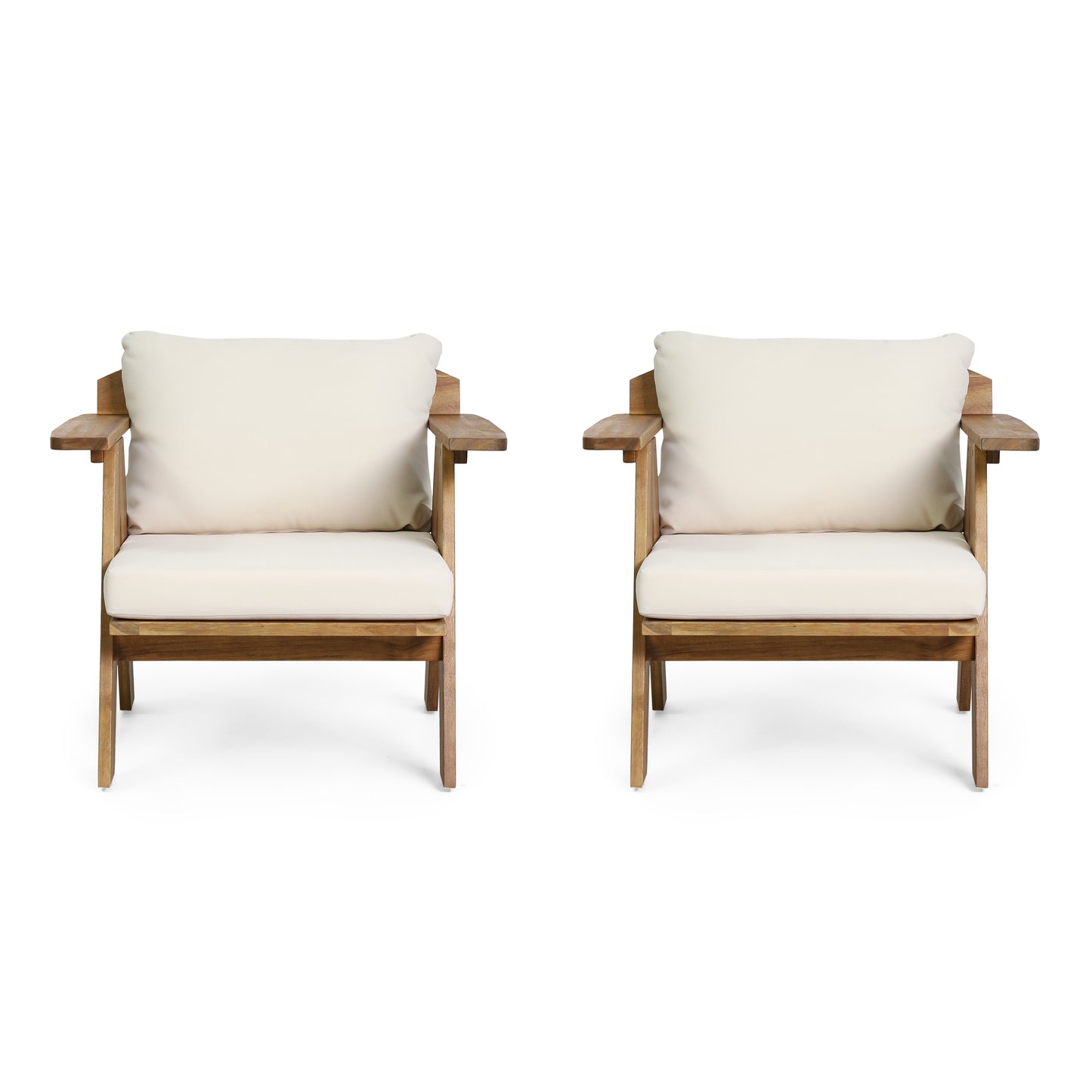 Outdoor Acacia Wood Club Chairs with Cushions (Set of 2), Teak Finish+ Beige, 30.75" W x 30.25" D x 26.00" H