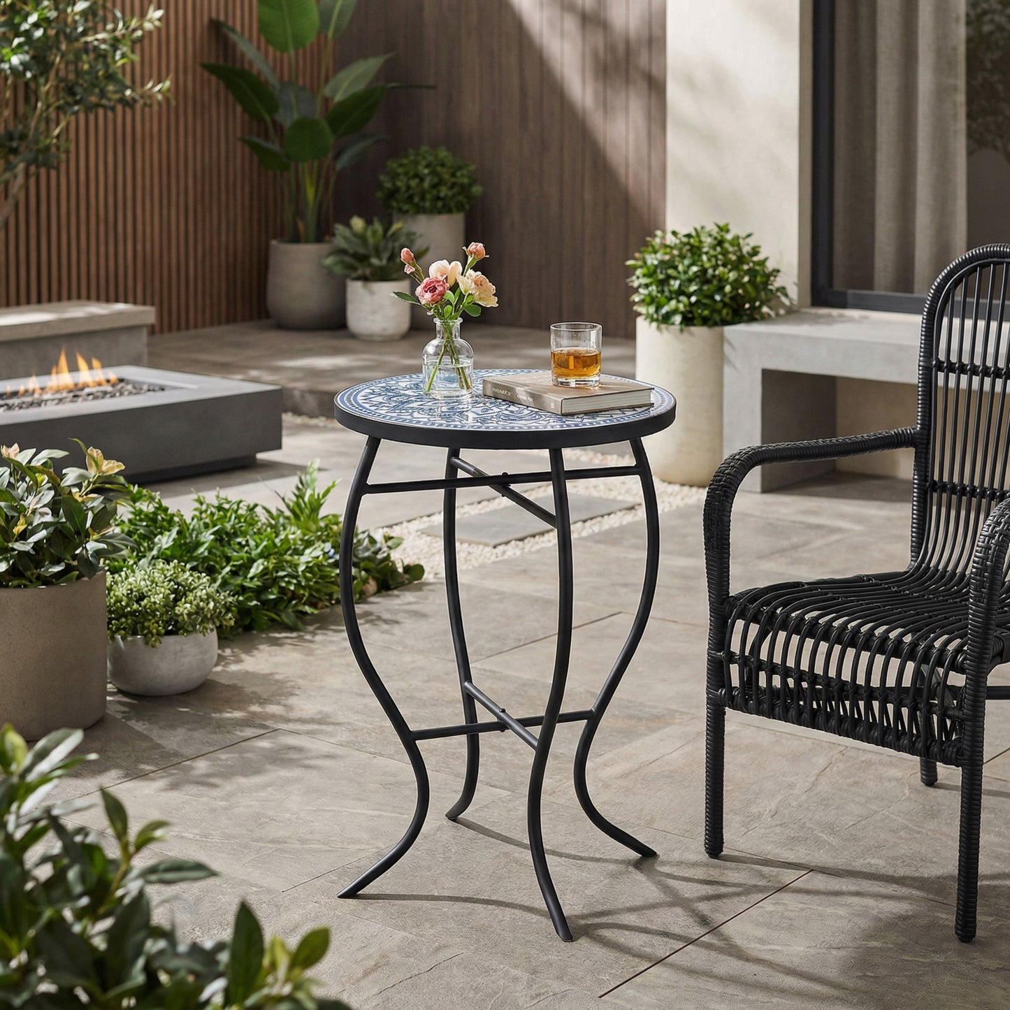 Outdoor Round Side Table with Mosaic-Style Top and Curved Iron Legs, Blue and Matte Black
