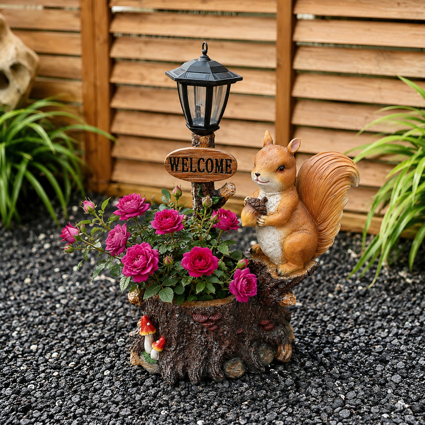 Cute Squirrel Garden Planter with Decorative Lantern - Polyresin Animal Figurine with Faux Oil Lamp for Outdoor Patio & Yard Decor