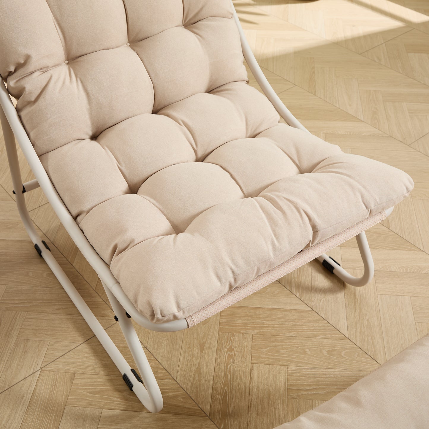 Patio Outdoor Lounge Chair with Ottoman, Comfy Sling Recliner Chair with Puffy Cushion and Foot Stool, Ideal for Living Room, Bedroom, Reading Room, Beige frame with beige cushion