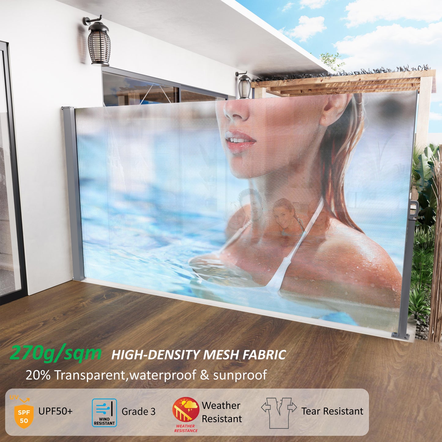 71"x138" Retractable Side Awning, Semi-transparent with UV printing,UPF50+, Ideal for blocking dust,sunshine and wind, Creating private space for garden,balcony and swimming pool.