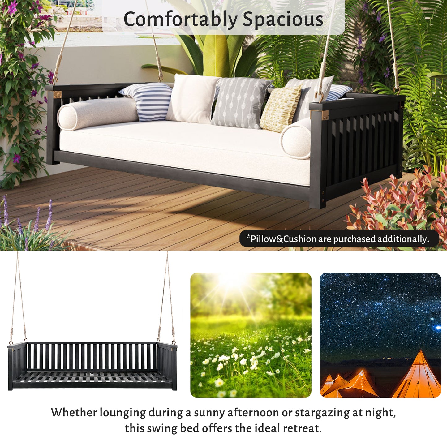 TOPMAX Patio Minimalist Twin Size Garden Swing Bed Wood Porch Swing with Ropes for Backyard, Safe Sloped Design, Black