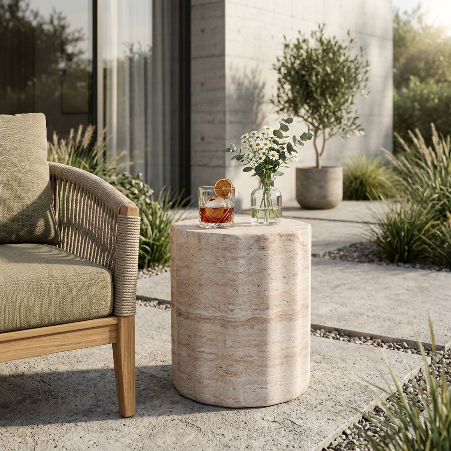 Outdoor/Indoor Lightweight Concrete Side Table,Travertine Finish