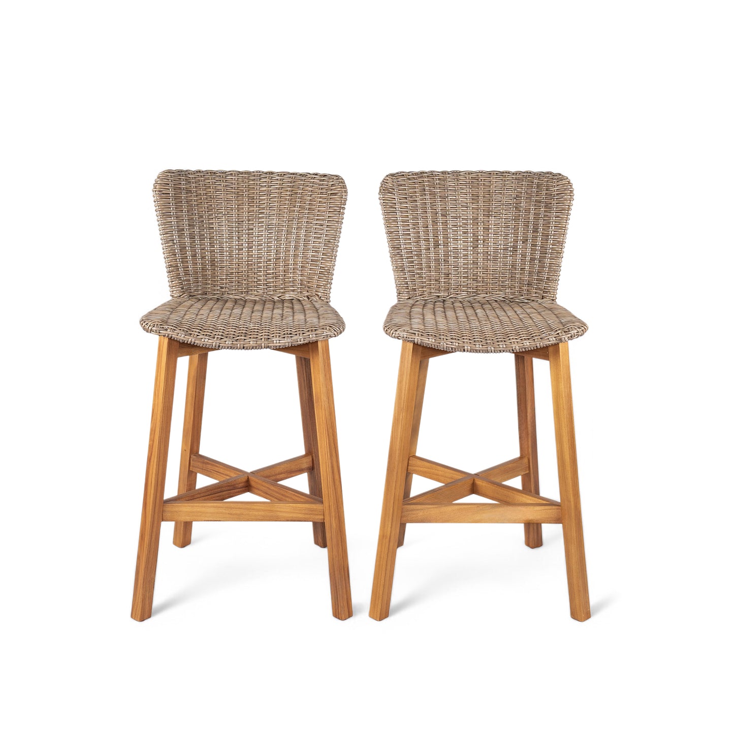 Lymington Outdoor Bar Stool, Teak Finished Wood with Light Brown Wicker, Set of 2