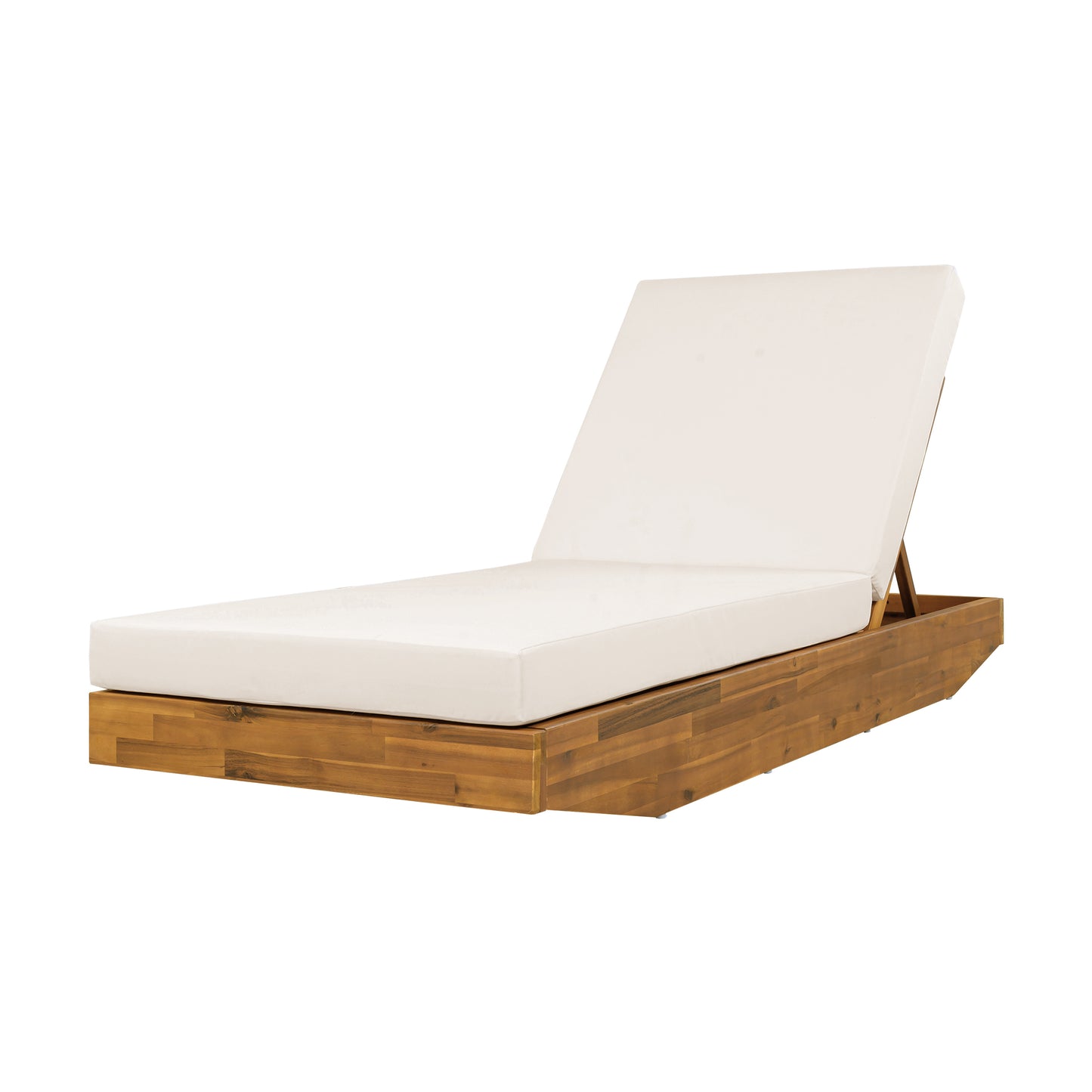 Acacia Wood Chaise Lounge with Cushion - Teak Finish Outdoor Recliner with  Cream Water-Repellent Cushion, 79.6" L x 29" W, 300 lbs