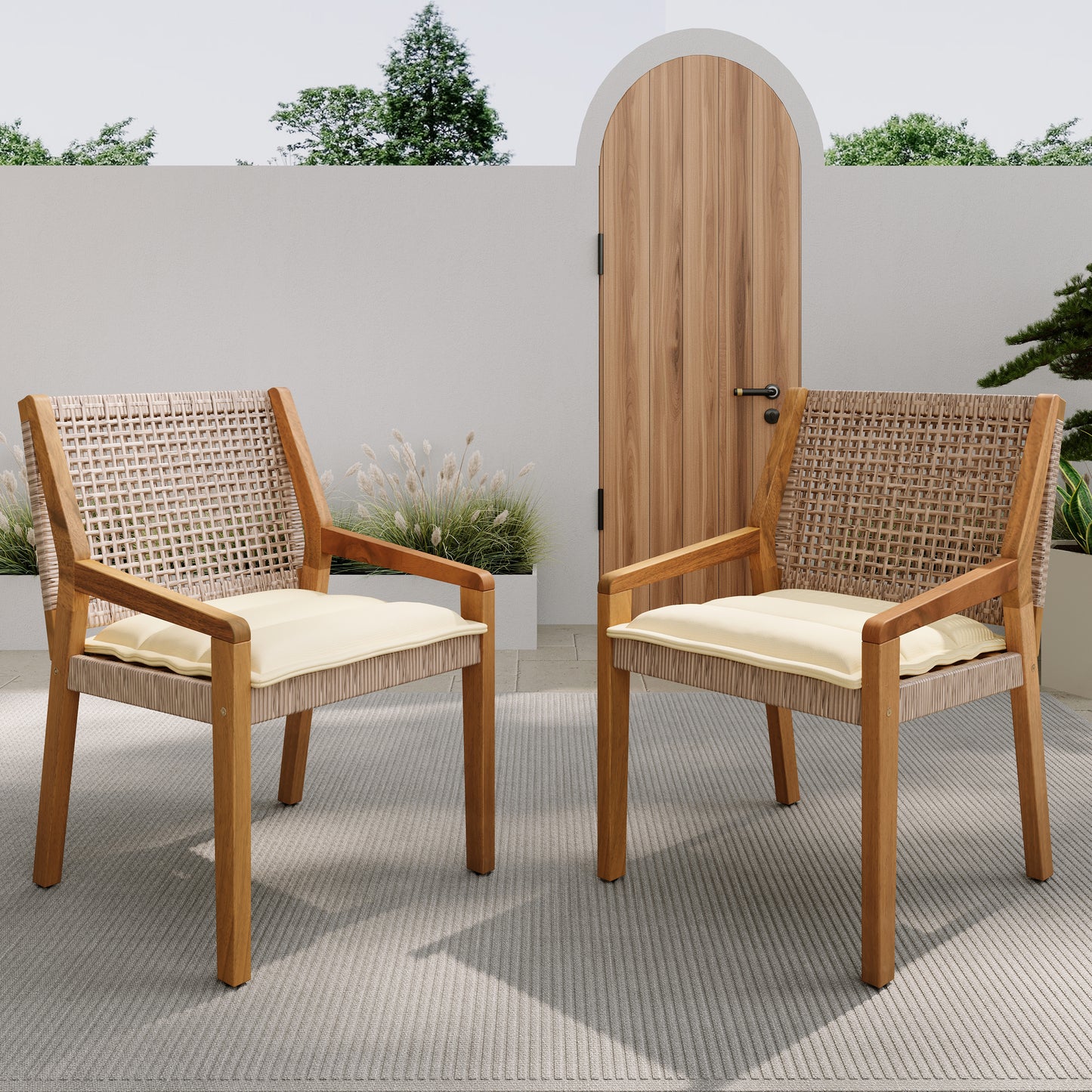 OUTDOOR DINING CHAIR SET-Acacia Wood and Wicker with Cream Cushion Patio Furniture-Teak finish & wicke Brown ,Suitable for large gatherings-set of 6(N770P272397G(3-box))