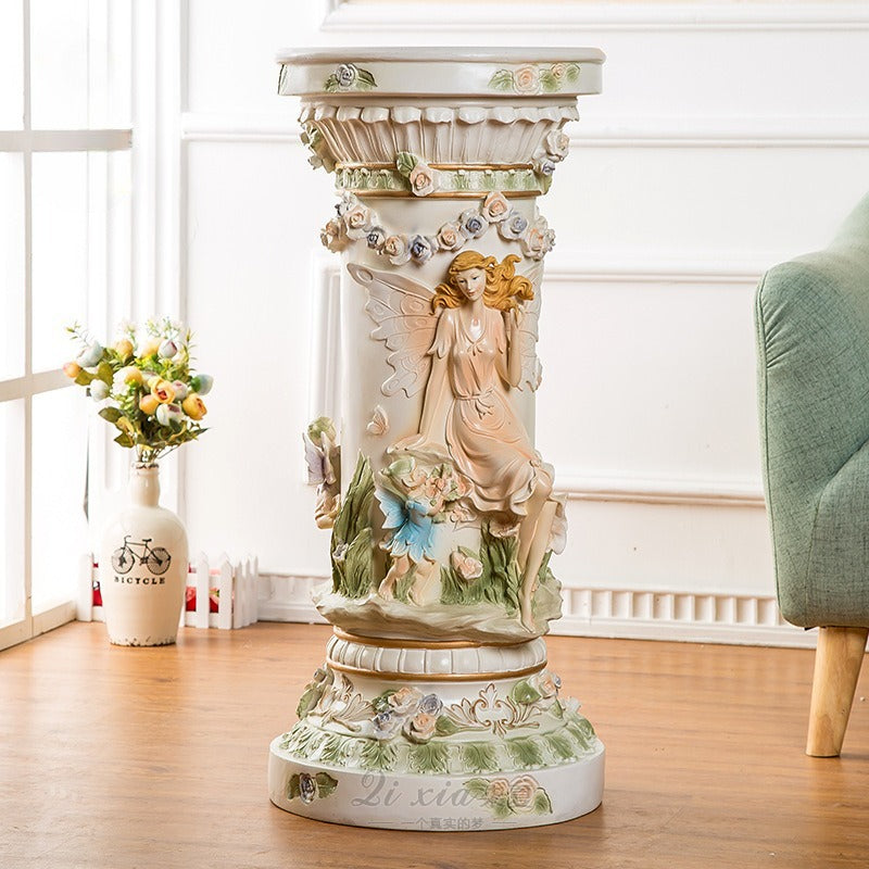 33" Luxury Vintage Roman Column Pedestal, Resin Pillar with Fairy & Floral Relief, Elegant Display Stand for Living Room, Entryway & Home Aesthetic Decor
