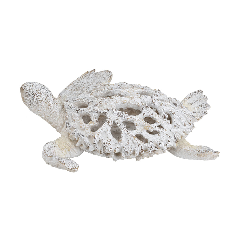 13.2x12.2x3.9" Decorative Polyresin Turtle Statue with White Coral Reef Design
