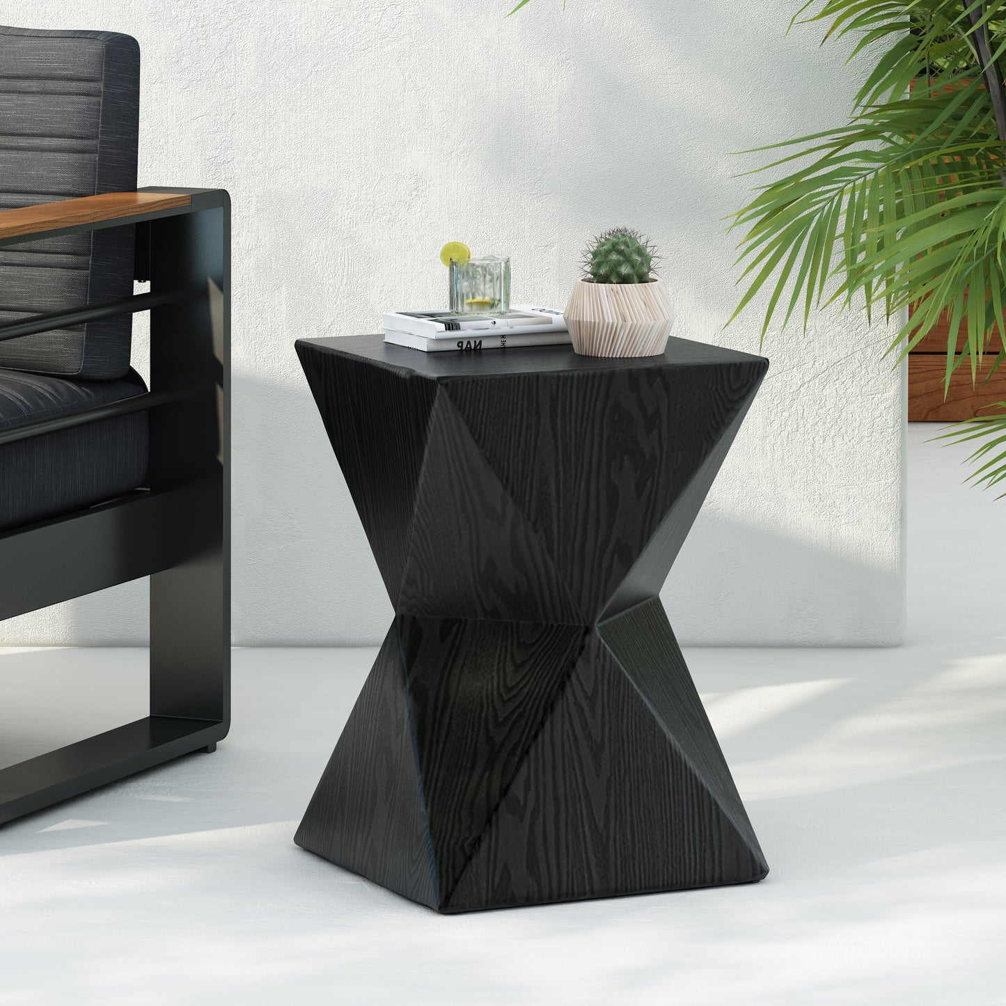 14.25" Black Prismatic Symmetry Concrete Side Table with Smooth Wood Grain Texture and Modern Prismatic Shape – Weather-Resistant Accent for Patio, Garden, or Balcony