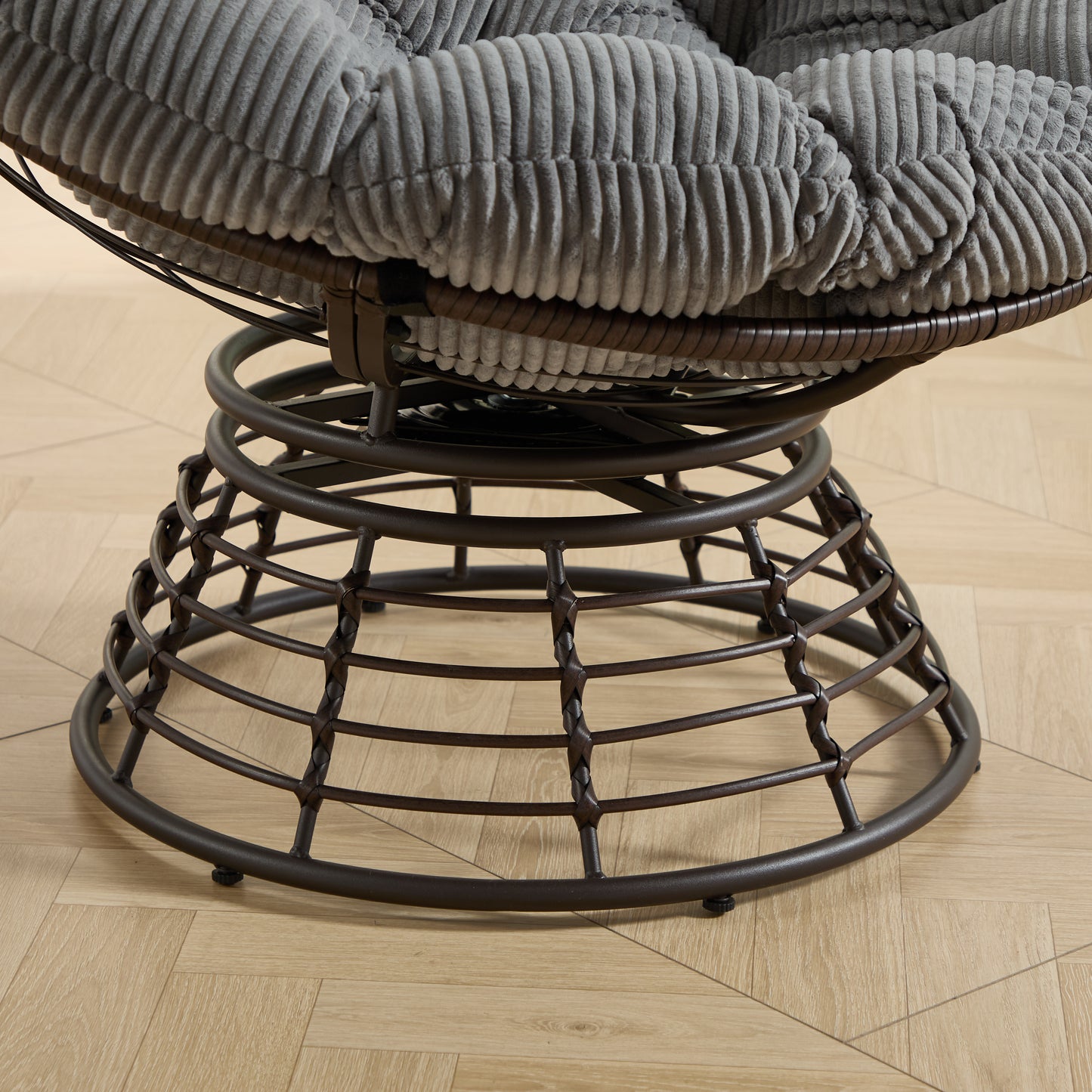 Comfortable Ergonomic Wicker Papasan Chair, 360° Swivel Indoor Outdoor Rattan Chair with Soft Thick Cushion, Ideal for Living Room, Bedroom, Reading Room, Brown Frame with Grey Cushion
