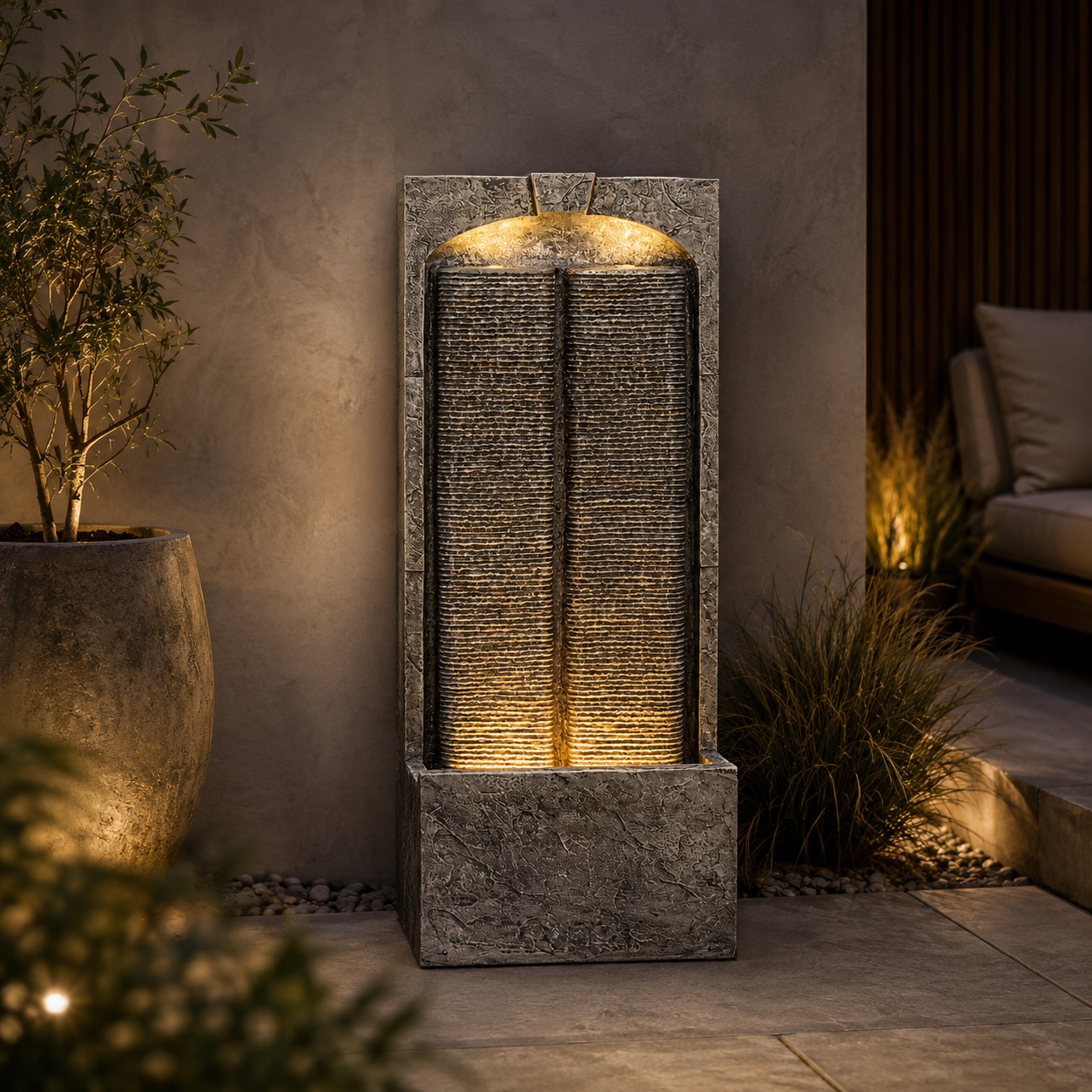 Outdoor Water Fountain Cascading LED Lights 39" H, Resin Fiberglass with Quiet Pump, Freestanding Water Feature for Garden Patio Porch Lawn Backyard Indoor Outdoor Decor