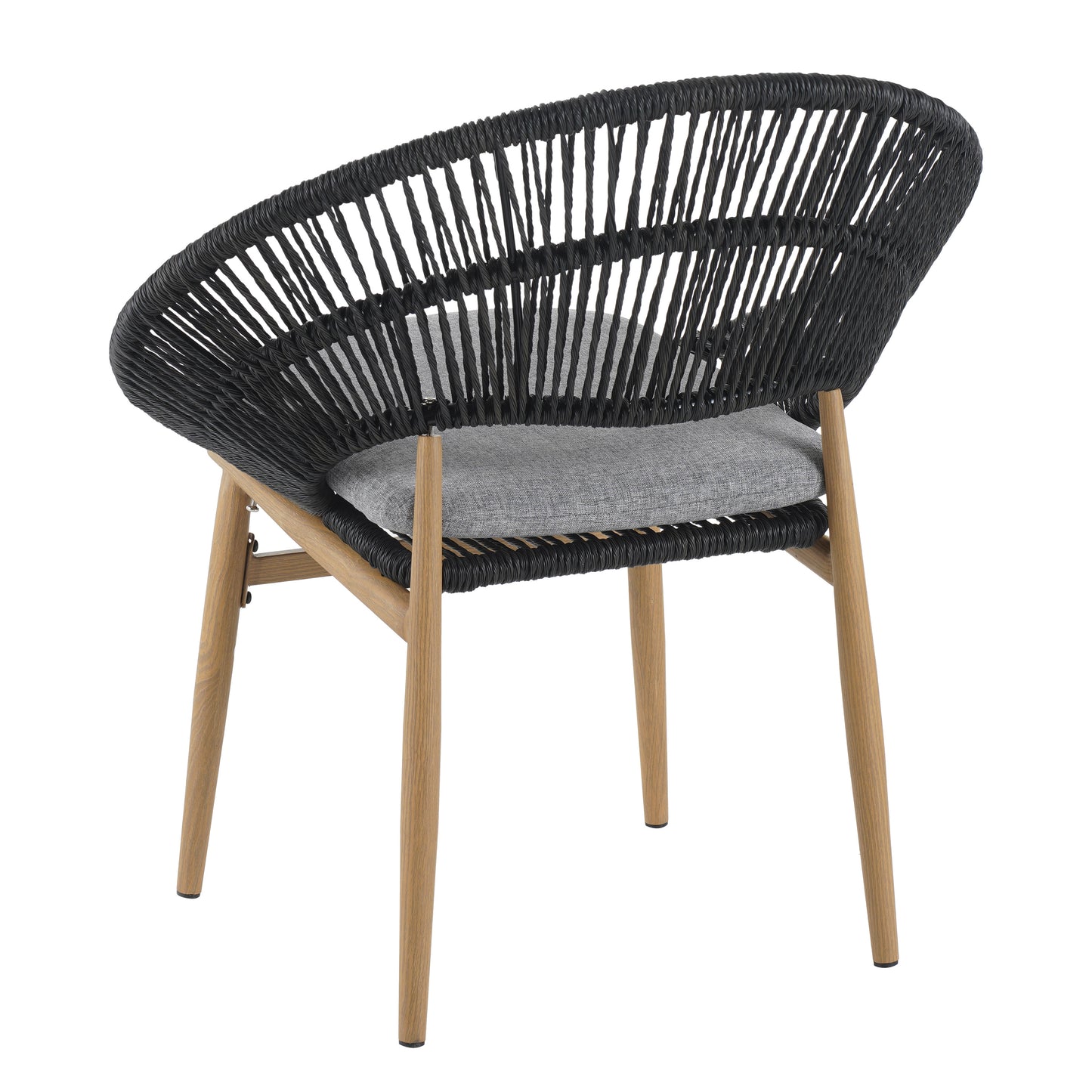 Cyril Outdoor Wicker Papasan Style Dining Chair, Teak Finished Leg and Dark Gray Faux Rattan, Gray Cushion, Set of 2