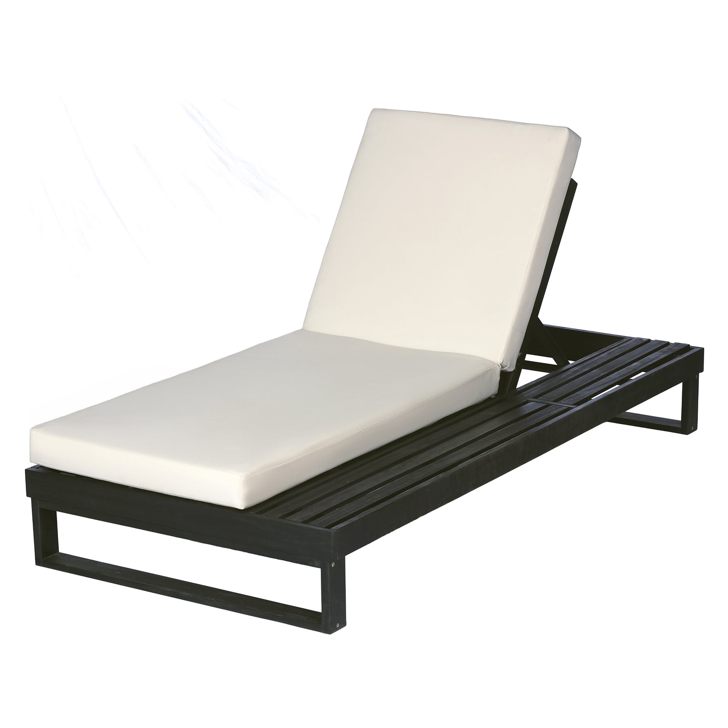 Black Acacia Wood Chaise Lounge with 4-Inch Cream 2-FoldCushion Set, 4-Position Adjustable Outdoor Patio Lounger with Flat Side Surface, for Poolside- Matching dark  grey version available