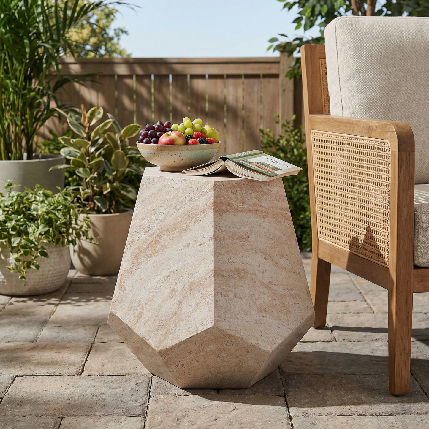 Outdoor/Indoor Lightweight Concrete Side Table,Hexagonal Round Travertine Accent Table