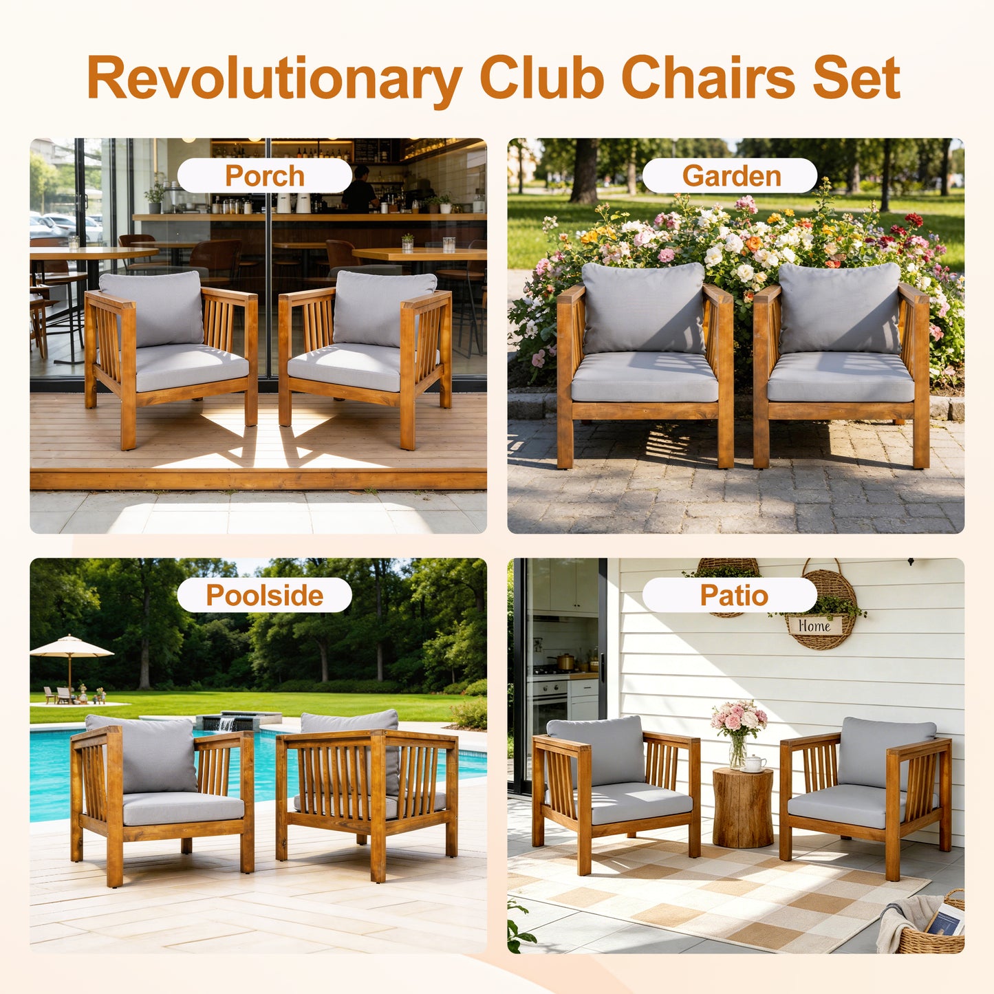 Outdoor Acacia Wood Club Chair with Modern Square Arms, Patio Chair with Thick Cushion, Adjustable Leveling Feet for Poolside, Backyard & Deck, Grey Cushion