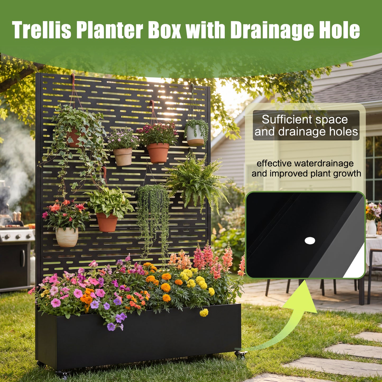 Metal Raised Garden Bed with Wheels and Trellis,73"x47"x16" Planter Box for Climbing Plants, Vegetables & Vines, Features Privacy Screen and Drainage Holes