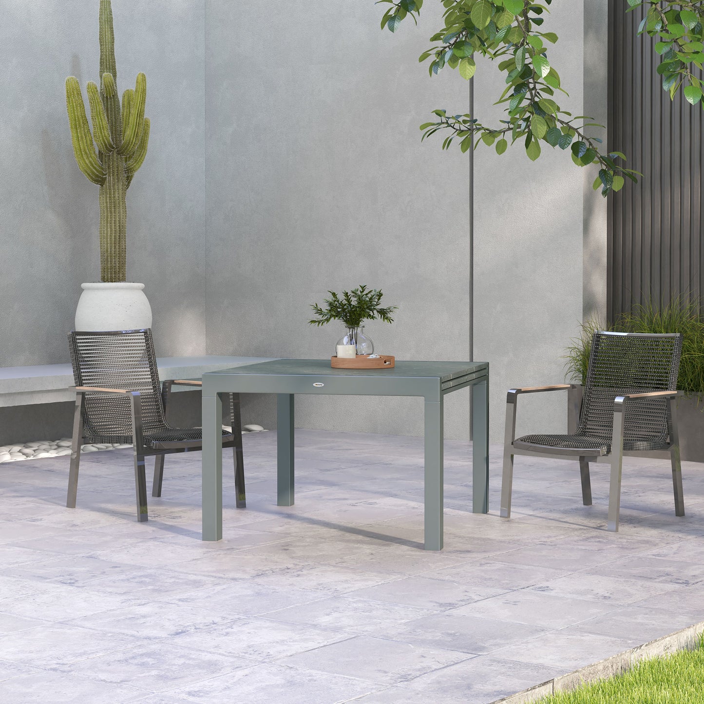 Outsunny Extendable Outdoor Dining Table, 41"- 83" Aluminum Frame Patio Table with Wood Effect Steel Top, Rectangle Expandable Patio Table for 6-8, Dark Gray