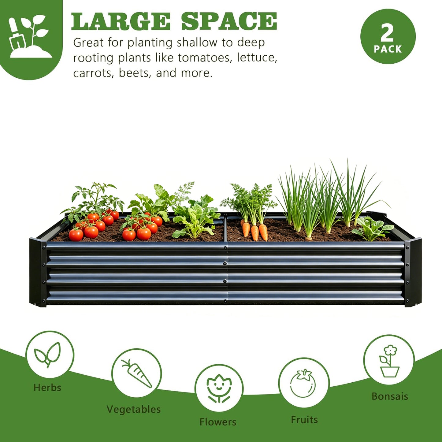 2PCS Black 6×3×1ft Metal Raised Rectangle Garden Planter Beds