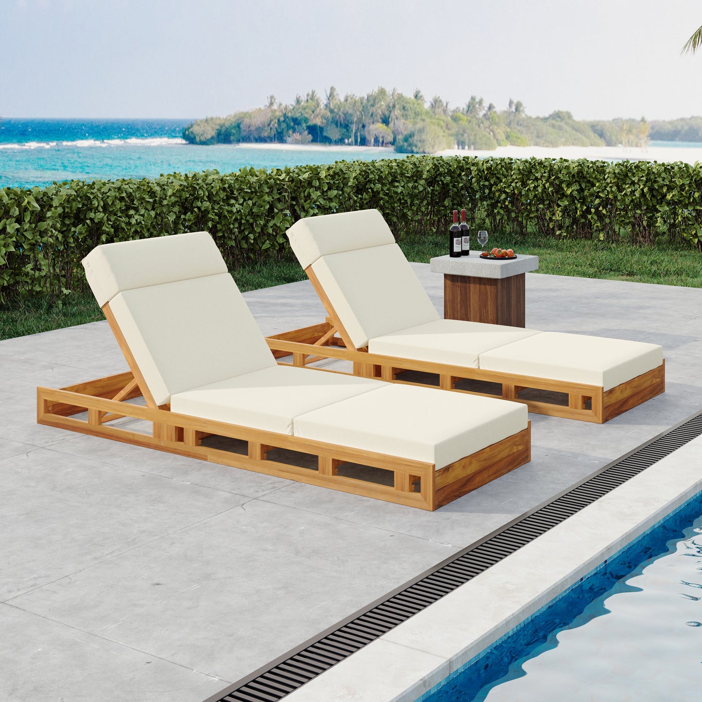 LOUNGE CHAISE SET WITH HEADREST, ACACIA WOOD WITH WATER-RESISTANT LOUNGE CUSHIONS (BEIGE & 3-FOLD & 4 inch) - MATCHING DARK GREY/CREAM VERSION AVAILABLE