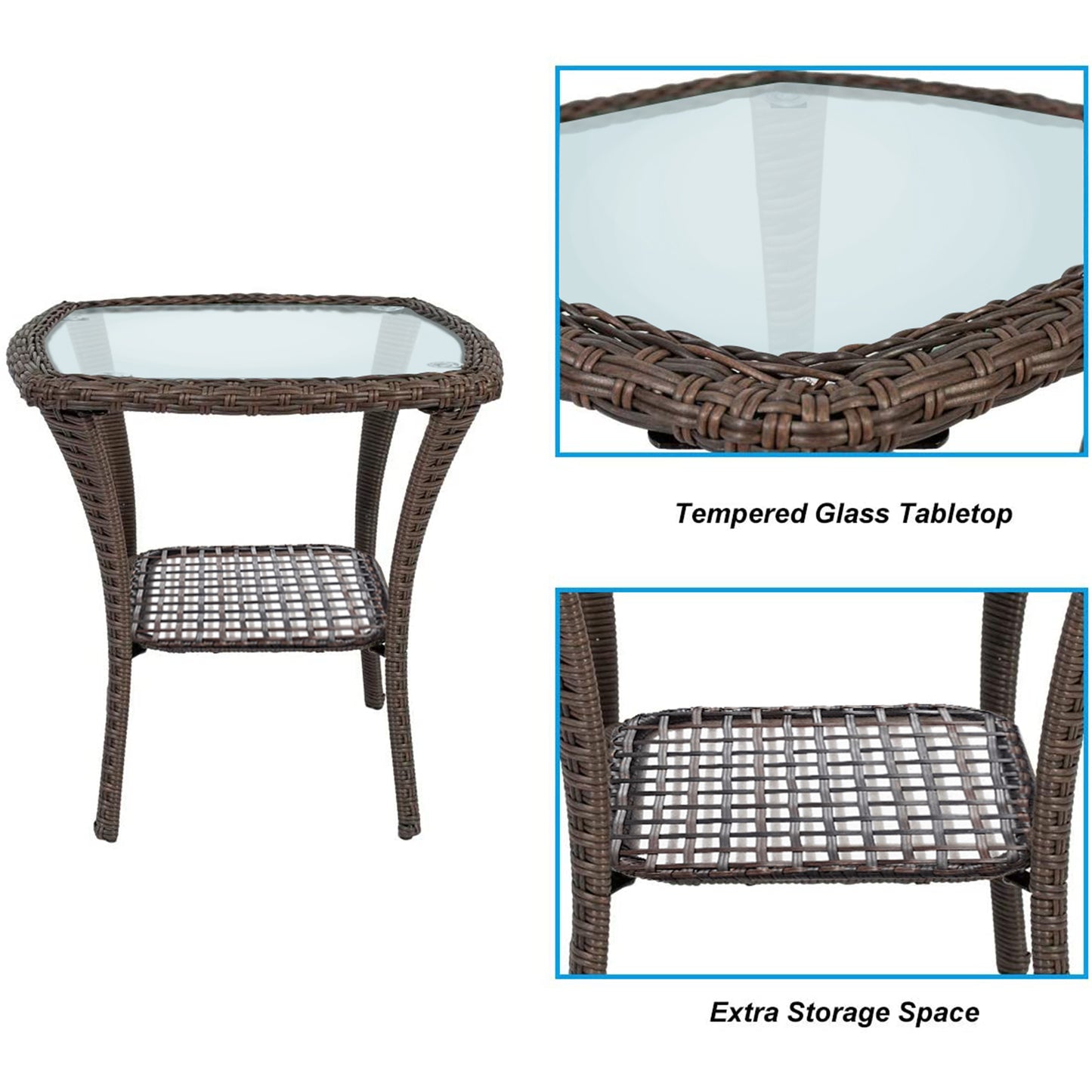 Outdoor Side Table, Indoor Outdoor Glass Top Wicker Coffee Bistro Table, All-Weather Patio Square Storage End Table, Steel Frame, 20''x 20''x20''