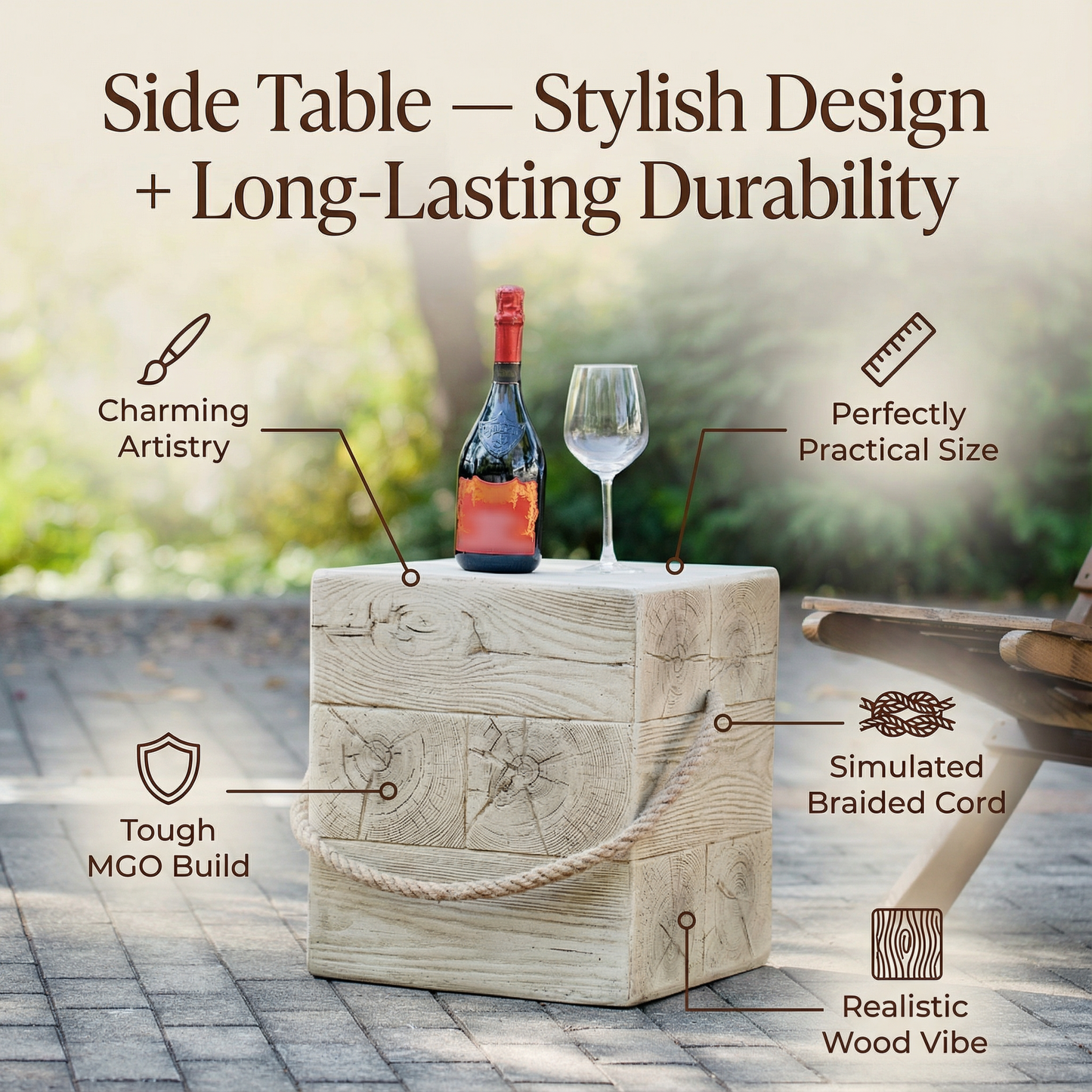 Outdoor Wood Grain Square MGO Side Table with Simulated Braided Cord – Indoor Retro End Table for Home & Patio Decor