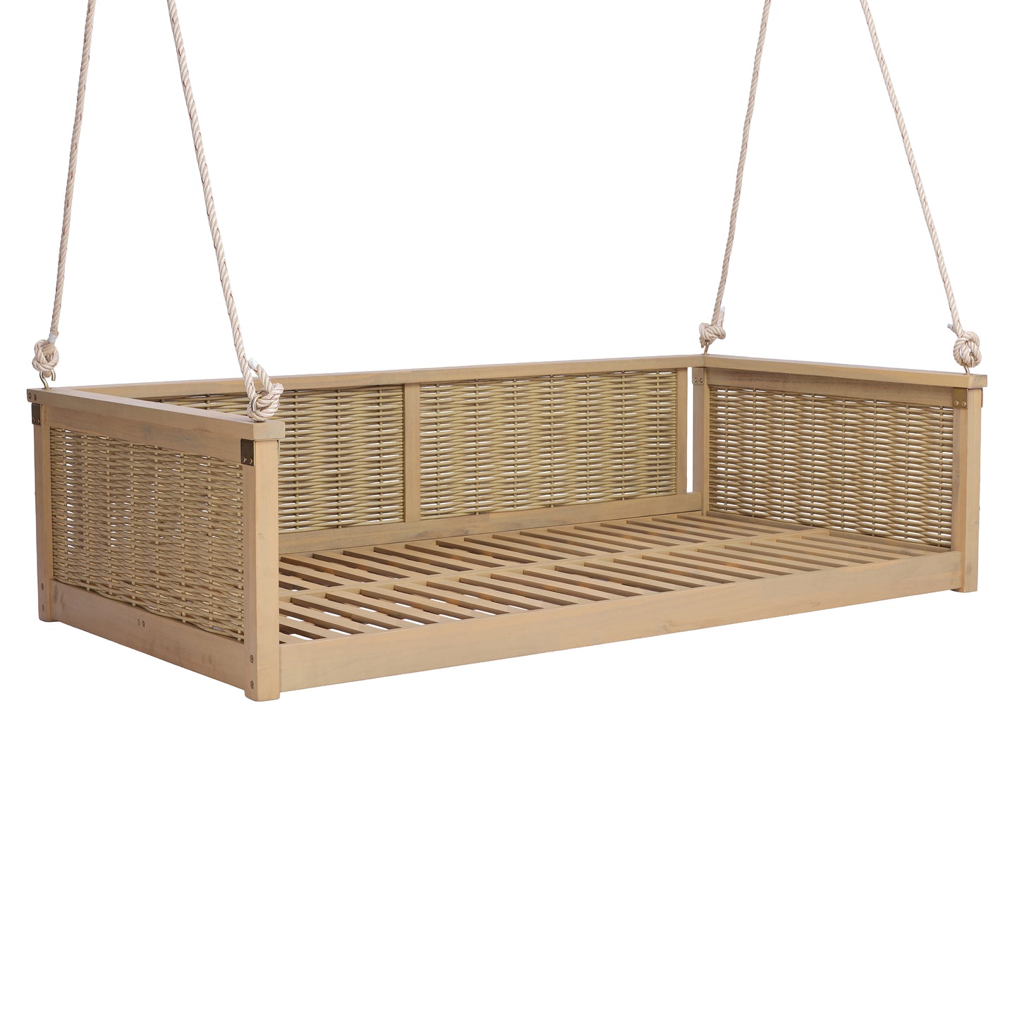 TOPMAX Outdoor Classic Solid Wood Twin Size Swing Bed,Garden Porch Rattan Swing Frame with Long Ropes for Poolside, Backyard, LIGHT TEAK
